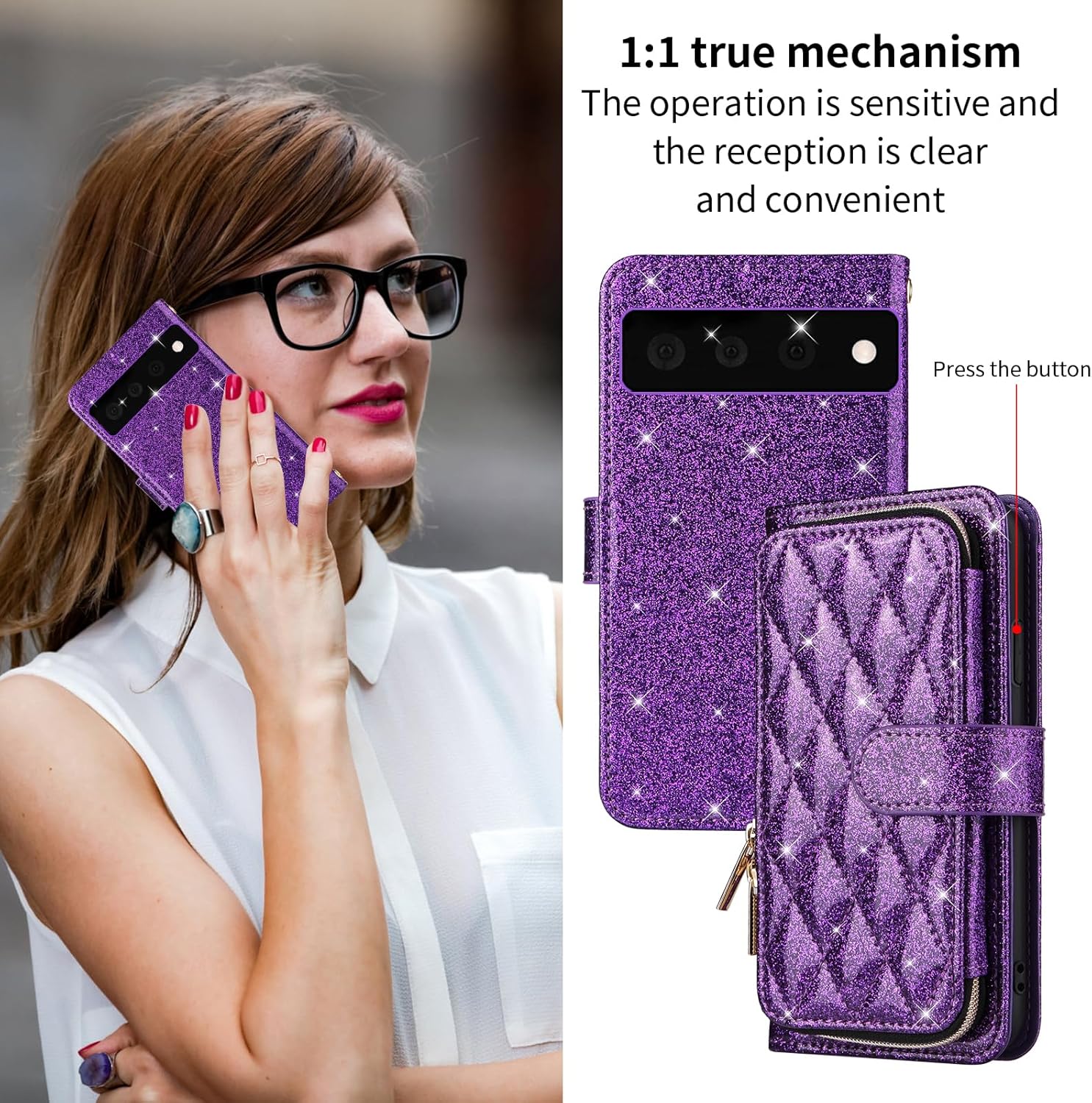 Wallet Case for Google Pixel 6 with Detachable Wrist Strap,Crossbody Shoulder Strap,9+ Card Slots,Zipper Purse Luxury PU Leather Stand Cell Phone Cover for Pixel6 Pixle Six Girls Women Purple
