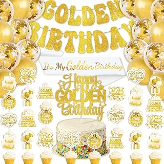 Golden Birthday Party Decorations, Includes It's My Golden Birthday Sash, Banner, Balloons, Cake Topper, Cupcake Toppers for Teens, Women and Men Theme Birthday Party Supplies Gifts Ideas