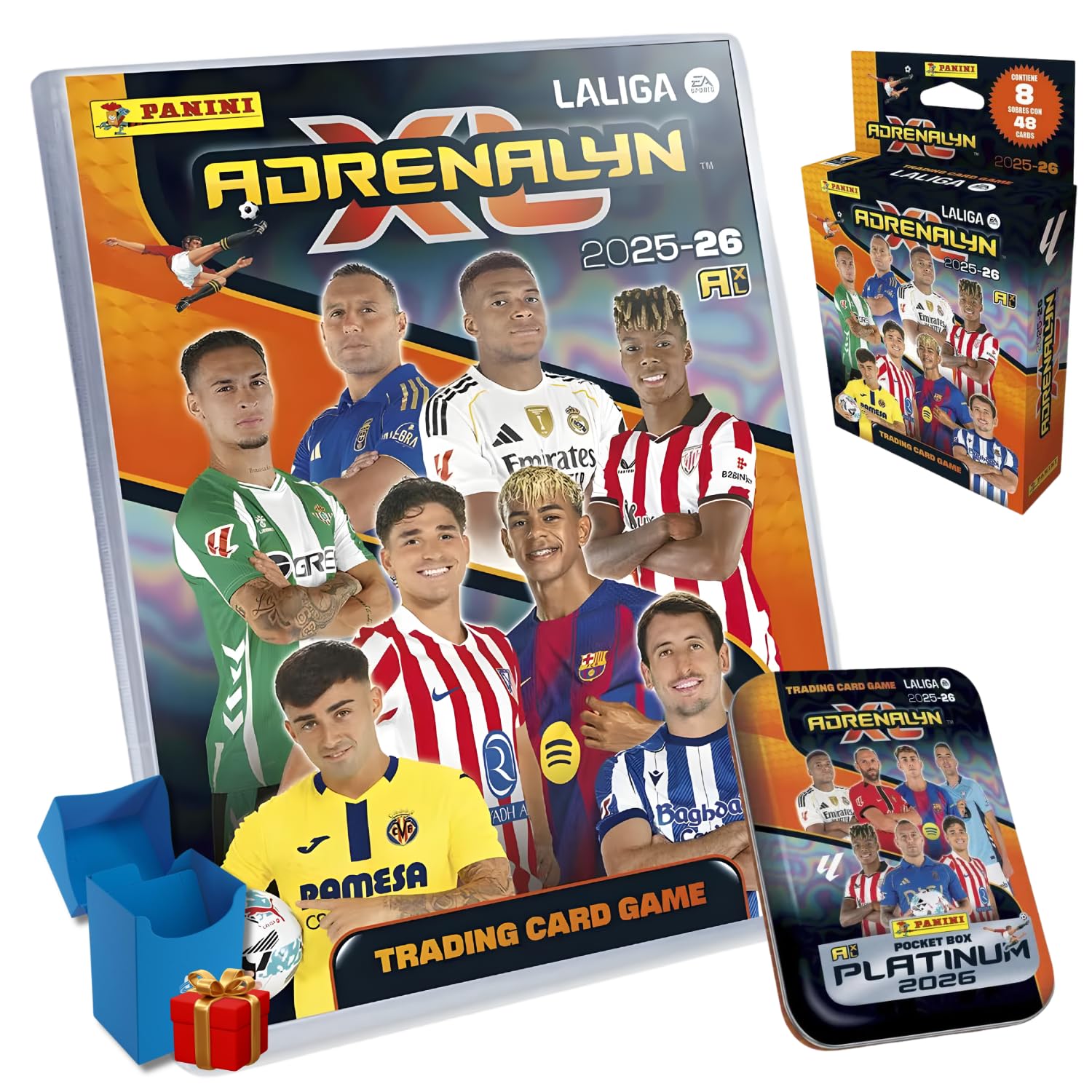 Panini Adrenalyn XL LaLiga 2025-26, Pack Coleccionista con Pocket Box Platinum, Megapack Inicio, 8 Sobres Adicionales y Deck Box, Cartas Coleccionables Fútbol