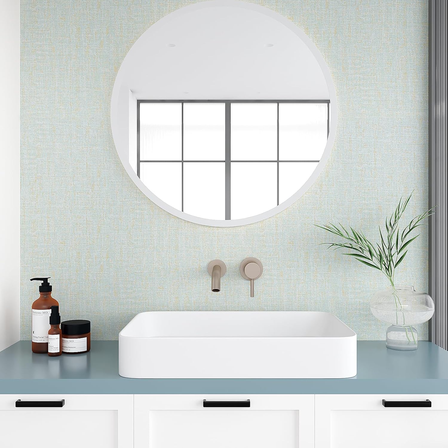 VEELIKE Blue Gold Grasscloth Peel and Stick Wallpaper 15.7''x118'' Self-Adhesive Removable Linen Fabric Wallpaper Grasscloth Contact Paper for Bathroom Bedroom