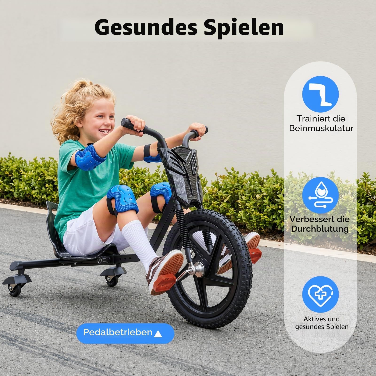 Drift-Trike mit Pedalantrieb, Go-Kart belastbar bis 80 kg, Jugend-Trike 4-Gang, Fahrzeug Funfahrzeug mit Stabiler Dreirad-Konstruktion, Rutscherfahrzeug kippsicheres Design, für Kinder, Outdoor