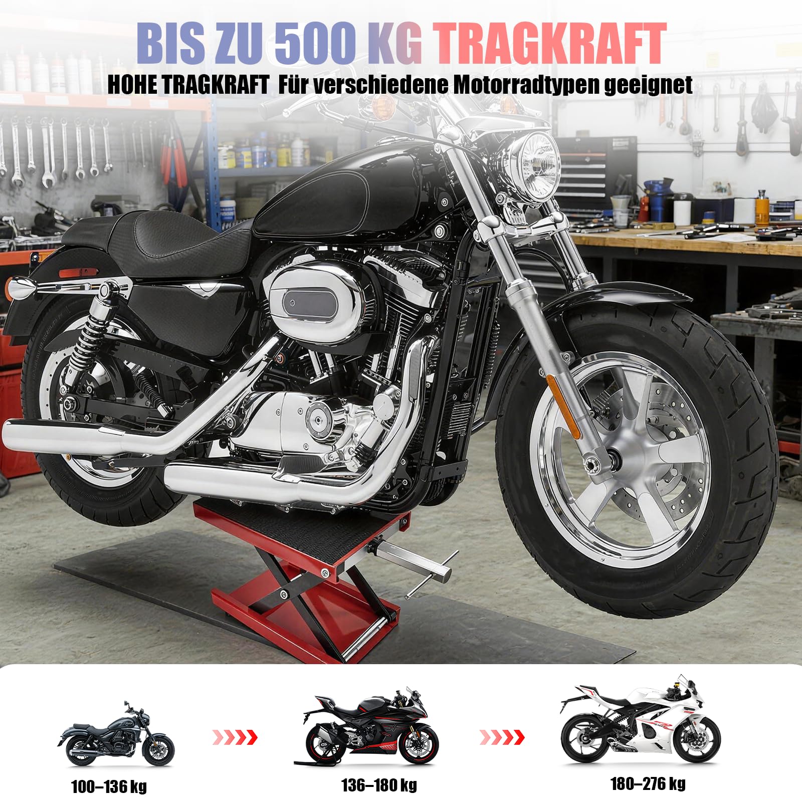 Sollevatore per moto – Piattaforma larga meccanismo di sollevamento a forbice, altezza di sollevamento 8,5 cm – 34 cm, portata 500 kg, per moto, biciclette, fuoristrada