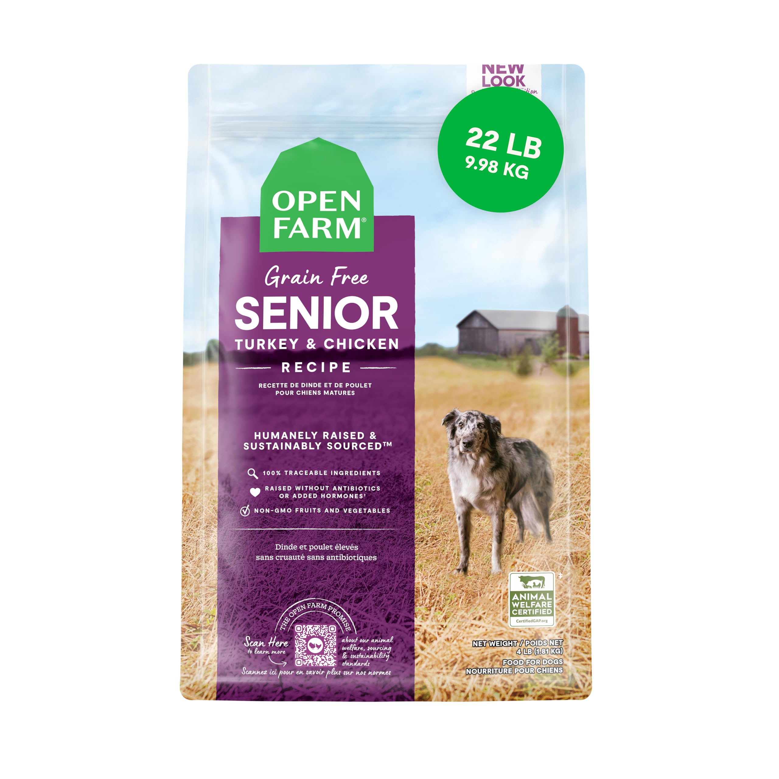 Open FarmGrain-Free Dry Dog Food for Senior Dogs, Complete & Balanced Kibble to Support Joints & Mobility, Sustainably & Ethically Sourced Ingredients, Chicken & Turkey Recipe for Seniors, 22lb Bag