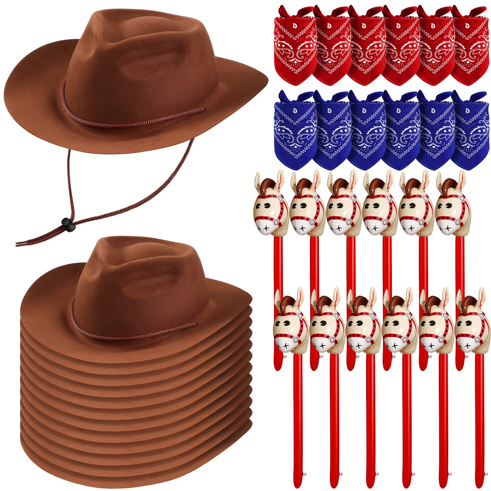Xtinmee 36 Pcs Cowboy Farm Party Costume Set, Cowboy Hats Paisley Bandanas Inflatable Stick Horses for Kids Party Supplies