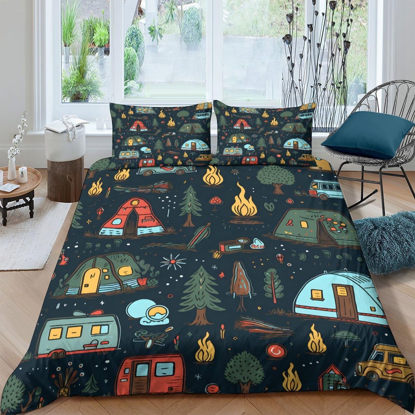 Ctjqhvkz Style-1 3D Printed Camping Forest Fitted Sheet Microfiber Fire Tent Bed Cover For Bedroom Guest Room Decor Easy Care Single（135X200cm）