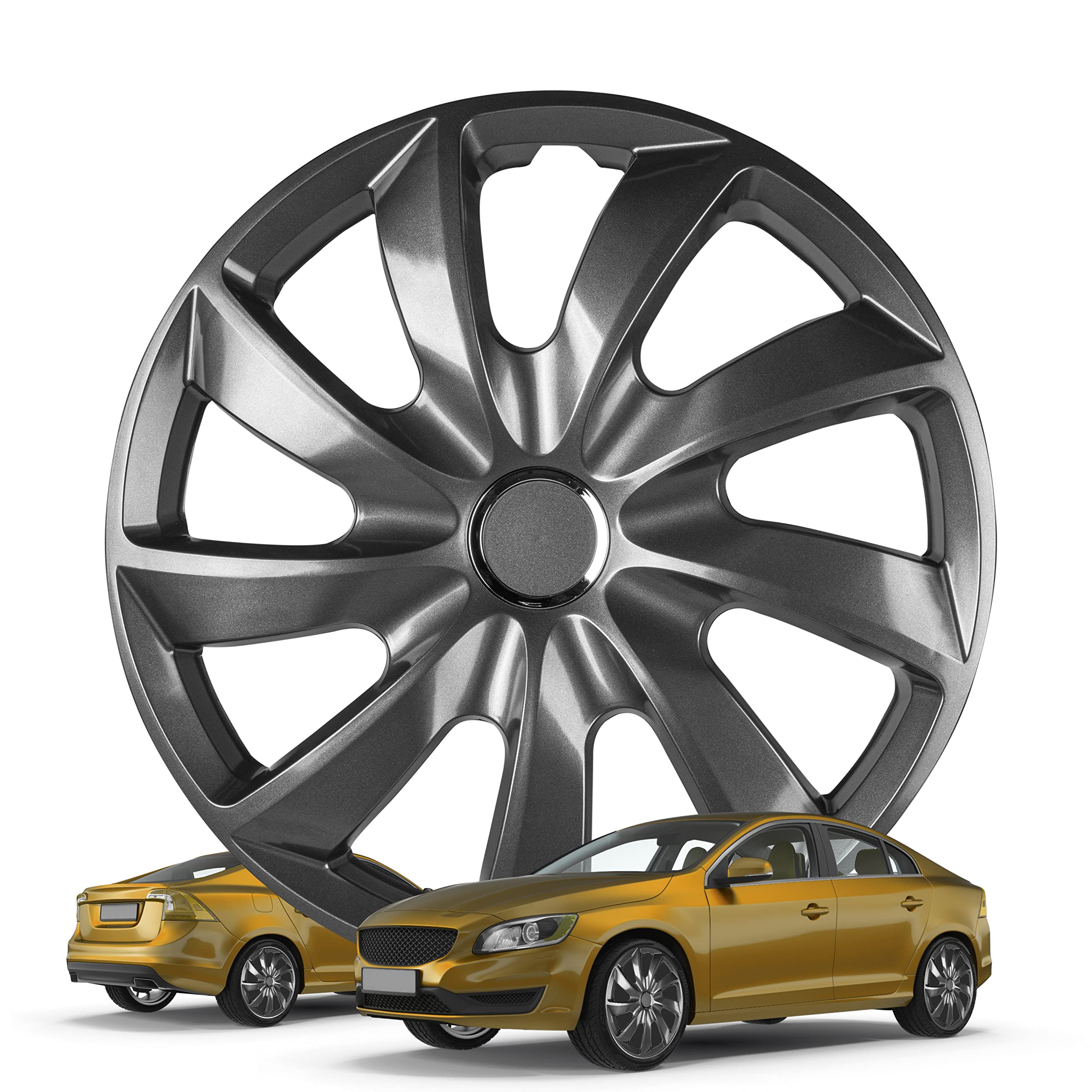 WALSER Premium Radkappen Turbine Graphite, 4er Set Radkappen Auszeichnung Sehr Gut*, Radzierblenden 15 Zoll, Radblenden für Alufelgen Stahlfelgen, Auto Radzierblende Graphit - Made in Europe