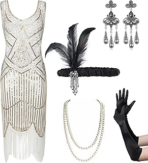 Womens 1920s Flapper Sequin Beads Dress with Roaring 20s Gatsby Accessories Set for Party - Buy now