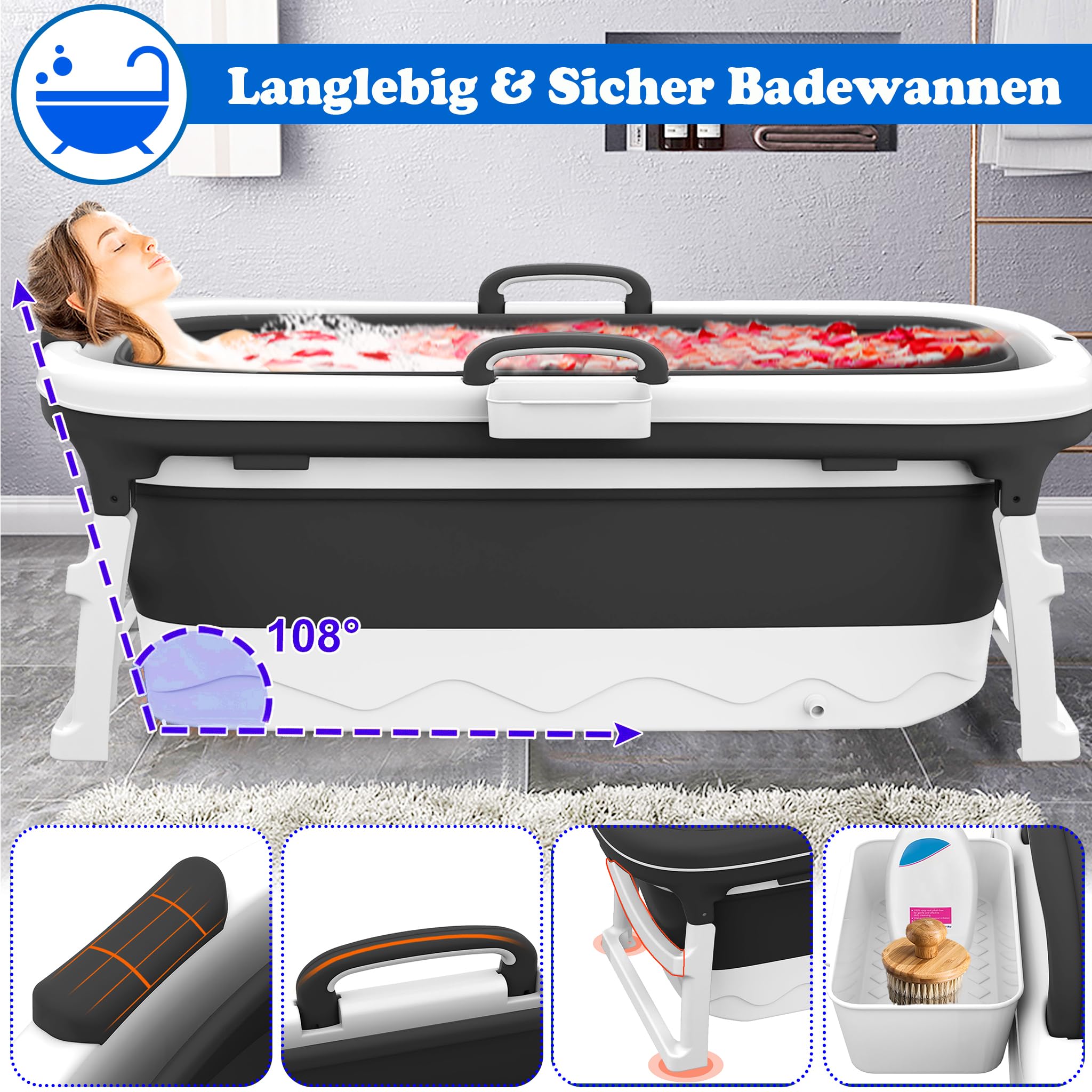 SUBTLETY Vasca da bagno pieghevole portatile per adulti, con copertura rimovibile, rullo per massaggi, cestino per sapone e manico, 138 x 62 x 52 cm, per piccoli bagni SPA (senza tappetino da bagno)