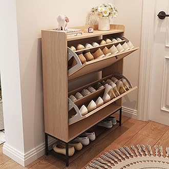 AVZEAR Narrow Shoe Storage Cabinet for Entryway with 2 Flip Drawers, Freestanding Shoe Cabinet with Natural Linen Panel, Slim Wood Shoe Organizer Closed Shoe Rack for Hallway, Foyer, Natural
