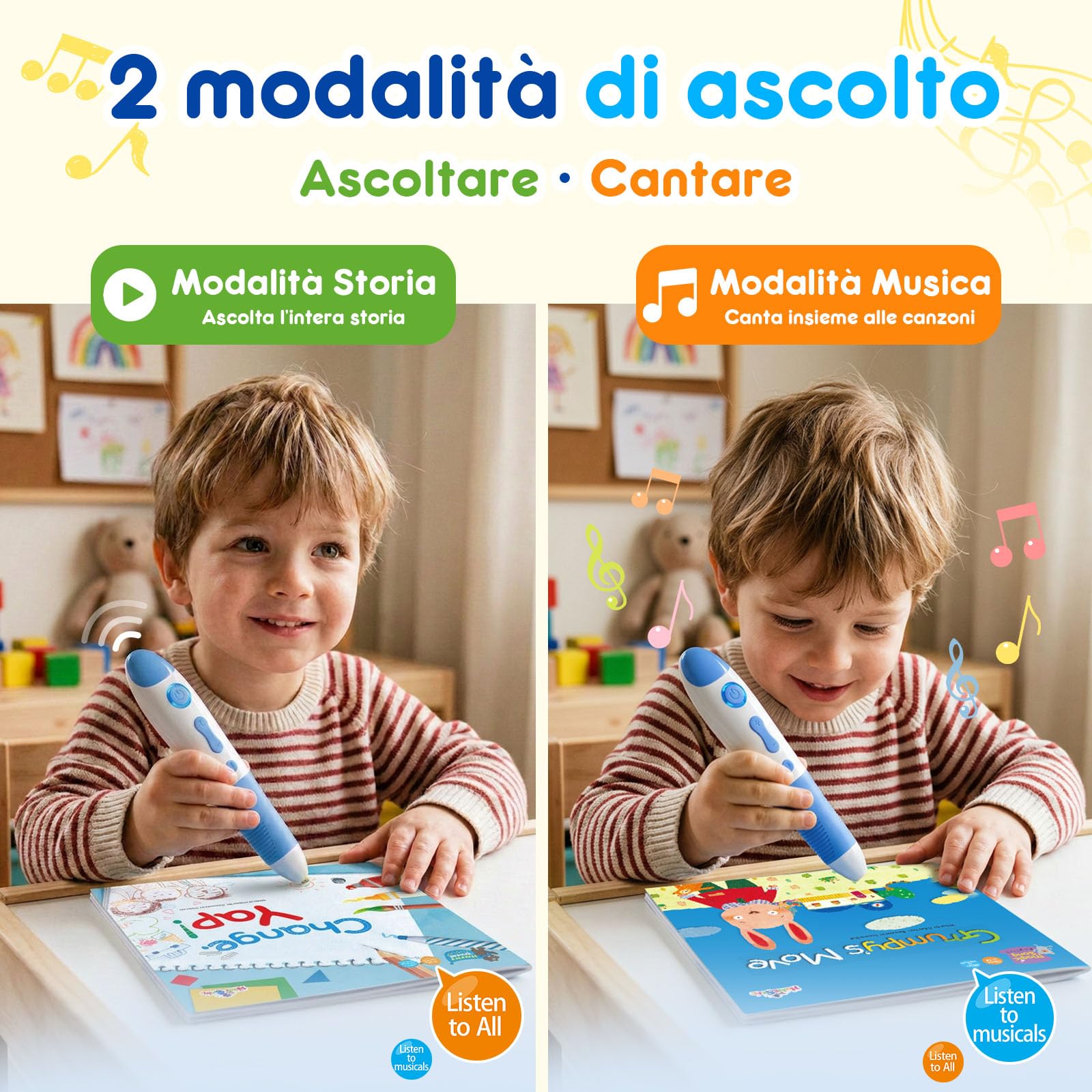 Penna educativa interattiva con 10 libri di canzoni inglesi, penna per bambini da 2 a 5 anni, giocattolo educativo audio, promuovere la voce, ricaricabile (USB-C)
