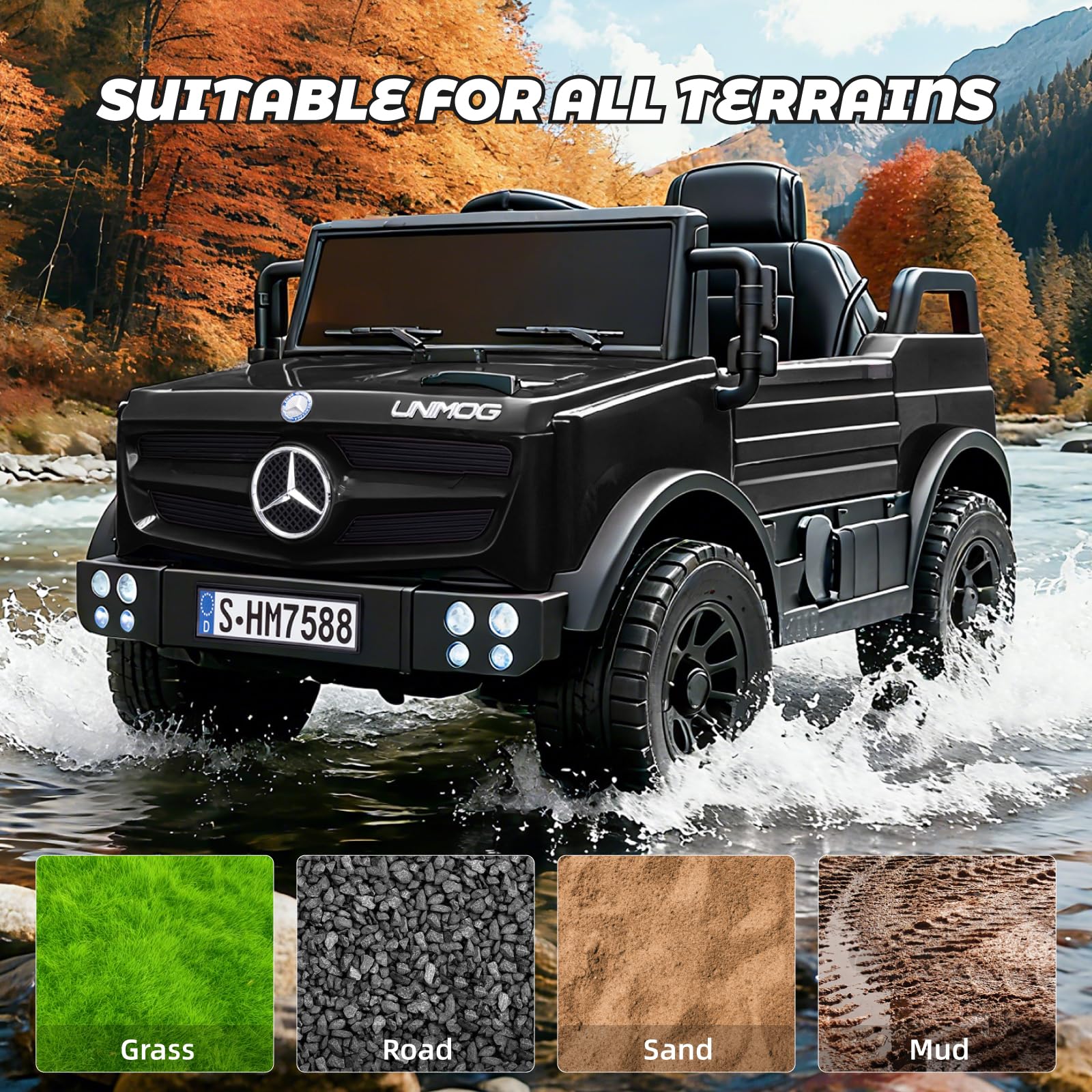 TCARAIWEN Kinderauto Elektro Mercedes-Benz Unimog Lizenz, 12V Elektroauto für Kinder 3-6 Jahre, Kinderfahrzeug mit Fernbedienung, 3-Punkt-Gurt, Bluetooth, 5 km/h (Schwarz)