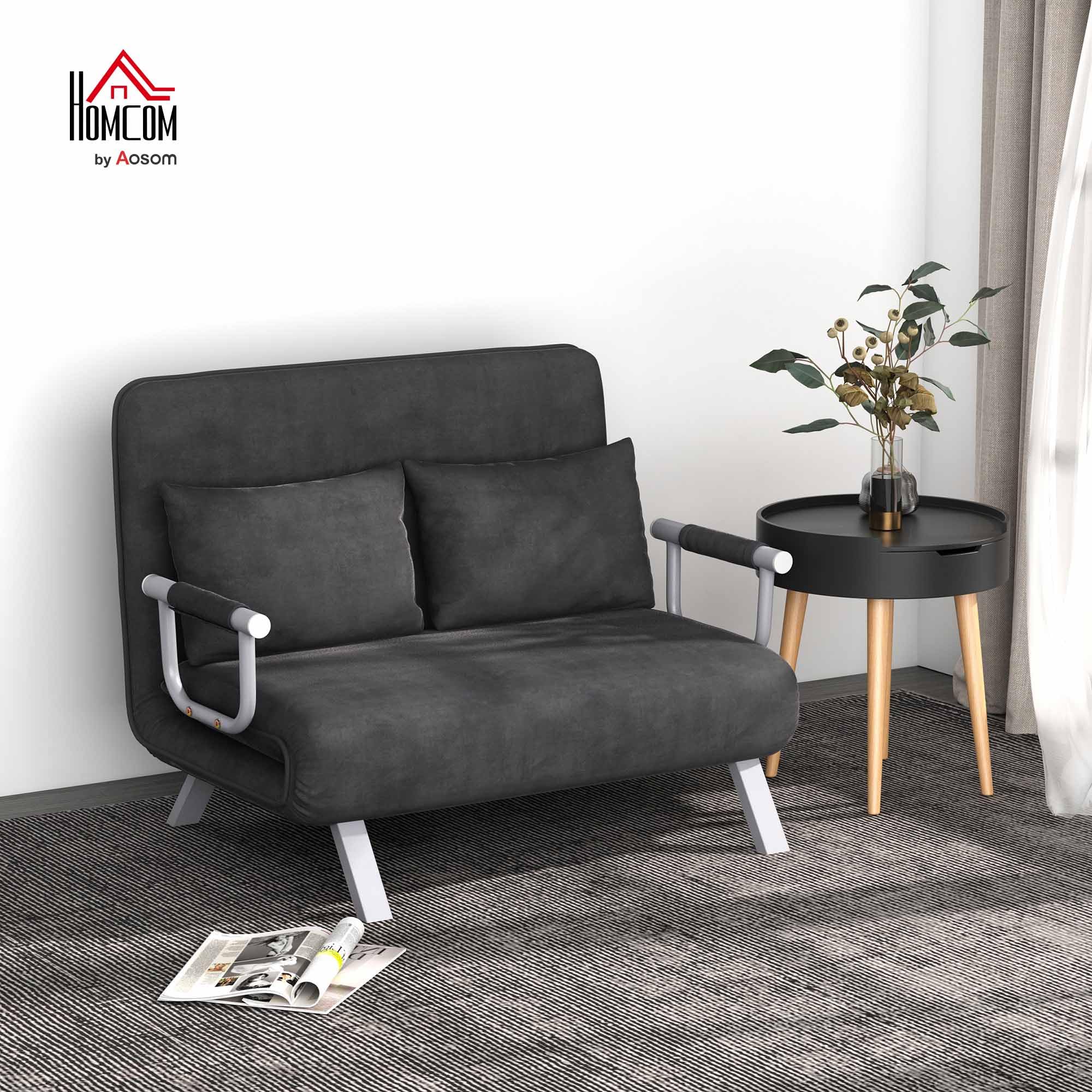 HOMCOM Divano Letto 2 Posti 3 in 1 in Pelle Scamosciata Sintetica con Schienale Regolabile in 5 Posizioni, Divano 2 Posti con 2 Cuscini, Seduta Imbottita, 111x80x78 cm, per Soggiorno, Grigio