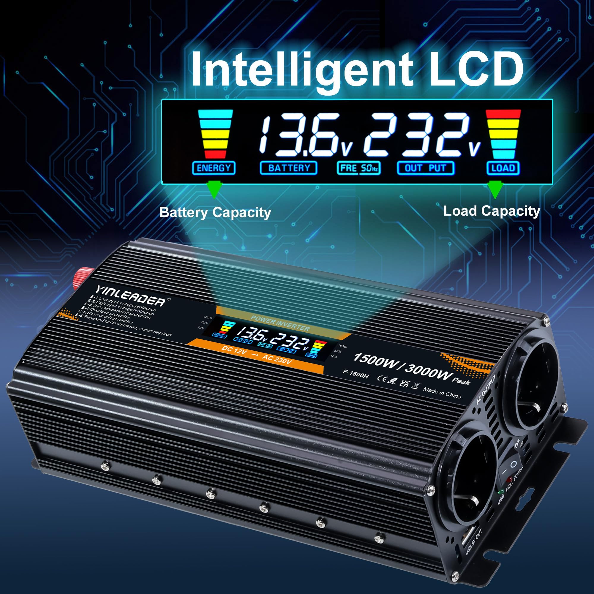 Convertisseur 12v 220v 1500W /3000W convertisseur de Tension Onduleur avec écran LCD USB