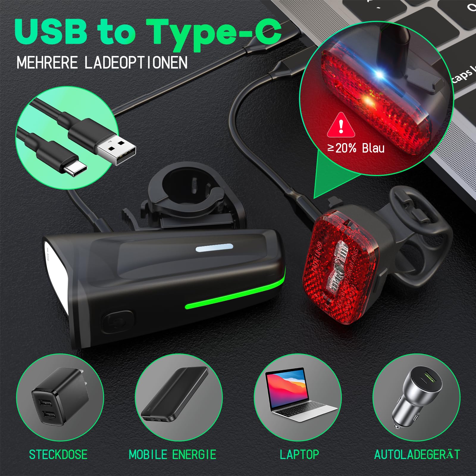 Luce anteriore a LED per bicicletta, 100 Lux, omologata StVZO, illuminazione per bicicletta, ricaricabile tramite USB, IPX5, impermeabile, luce anteriore per bicicletta, con batteria richiesta