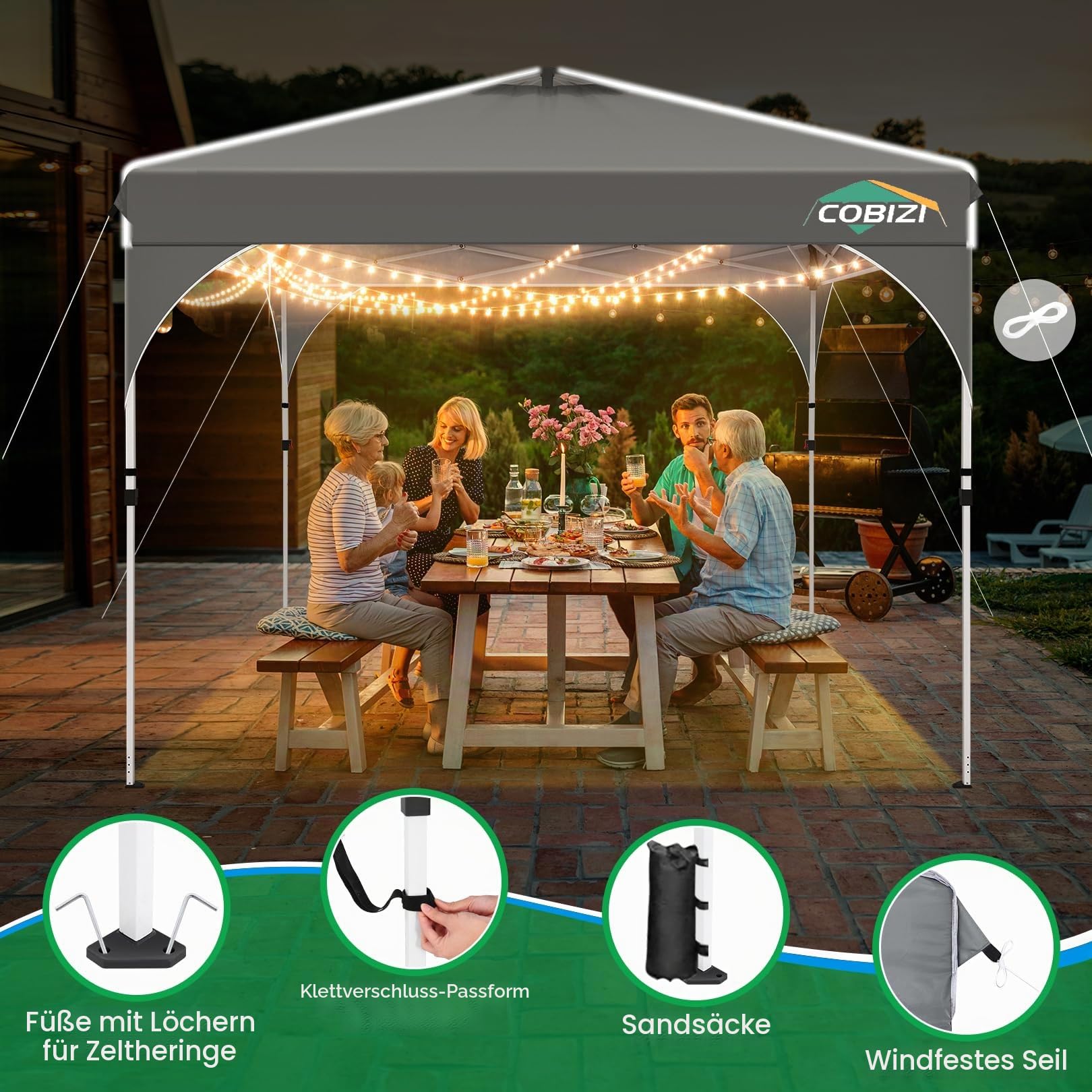 TOOLUCK Pavillon 3x3 Wasserdicht Stabil Winterfest Faltpavillon Gartenpavillon Partyzelt Pop Up Pavillon Klappbar UV Schutz 50+ Höhenverstellbar mit Entlüftung & 3 Stoffstücken&4 Sandsäcke， Grau