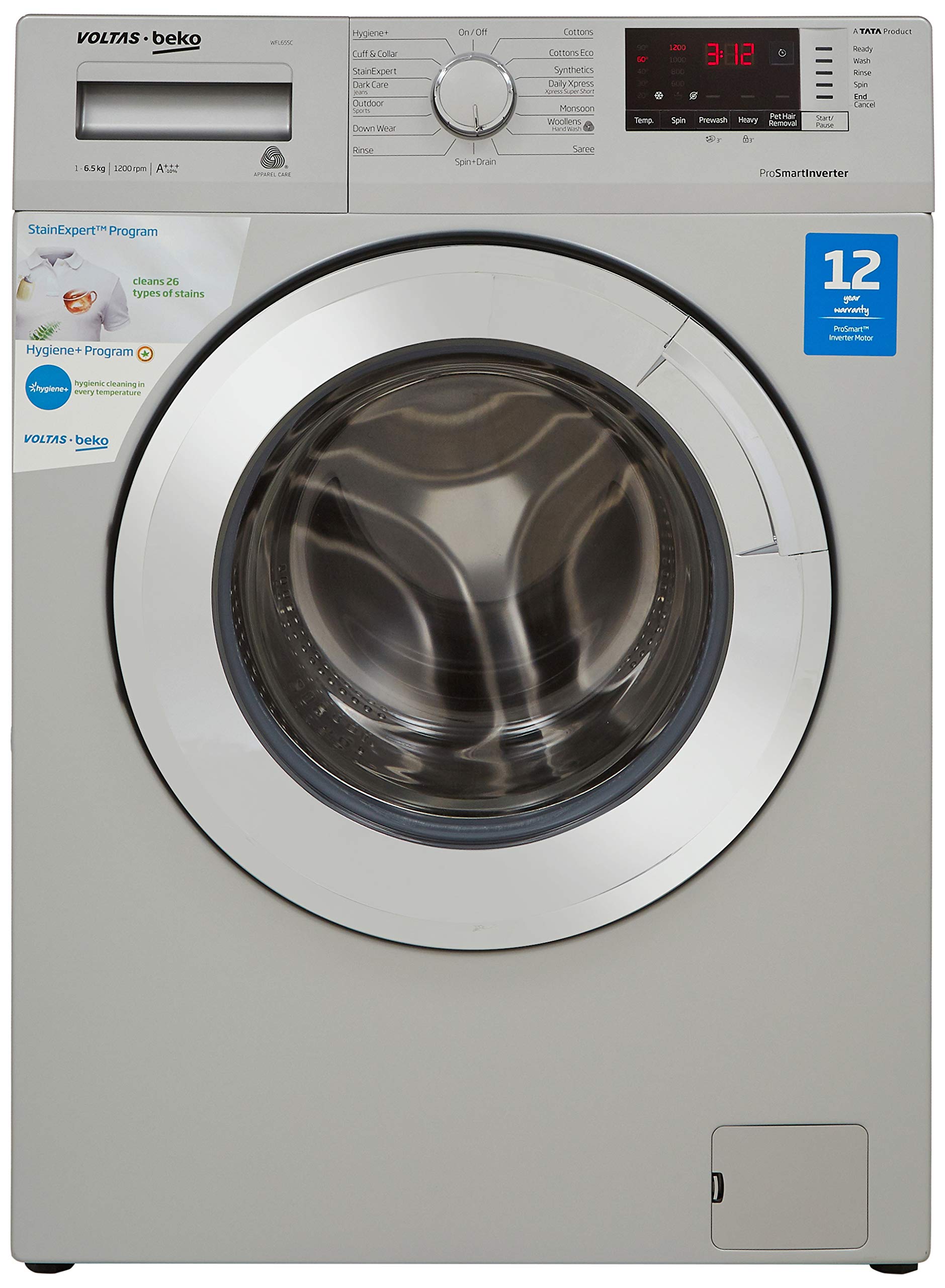 Voltas Beko 6.5 Kg Inverter Fully-Automatic Front Loading Washing Machine, Inbuilt Heater, 26 Stain Remover (WFL65SC, Silver Body, Chrome Door)-image-8