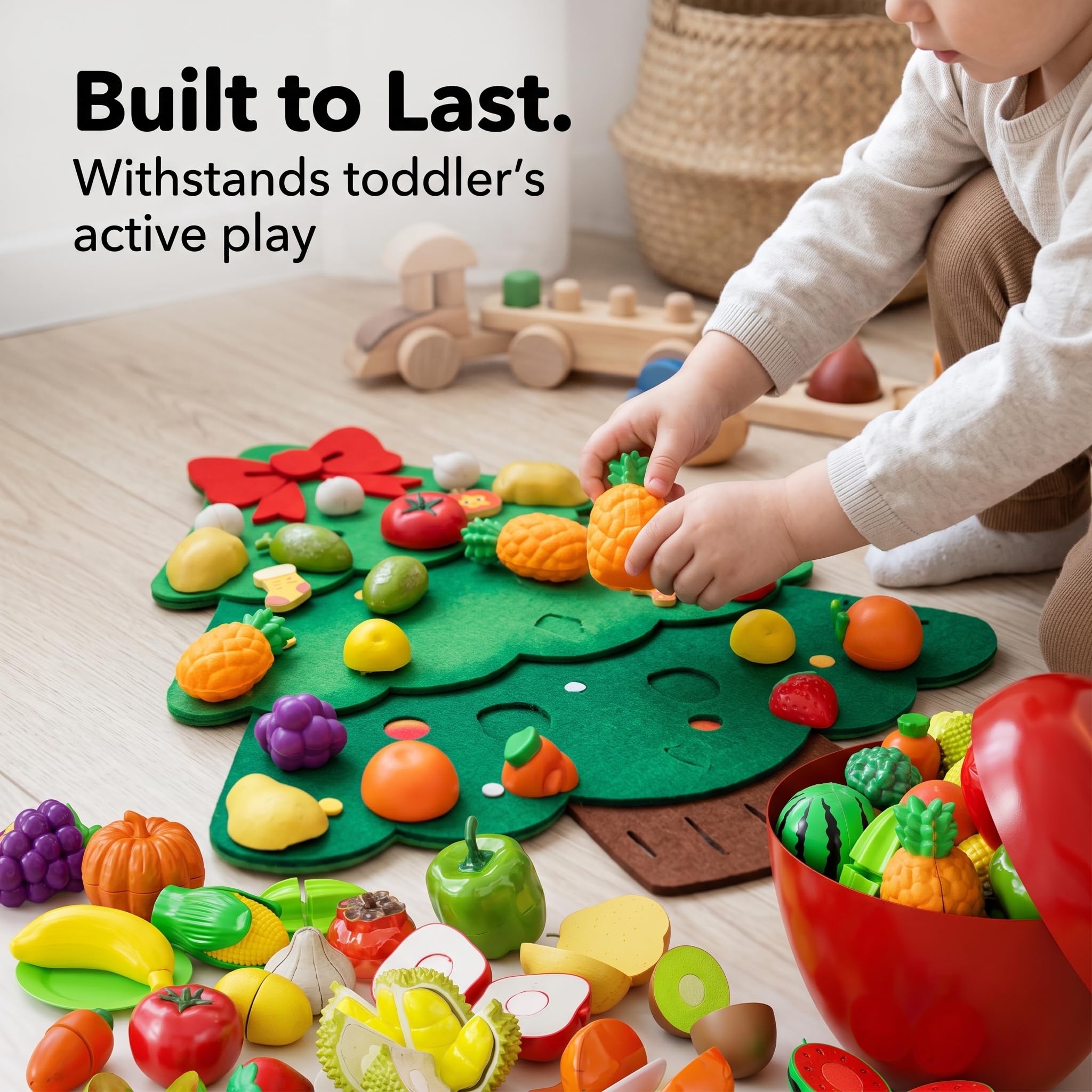 Filz Busyboard für s und, Pädagogisches Lernspielzeug und tafel, mit Obstmotiv, Grüner großer Weihnachtsbaum + 32 Apfel-Eimer-Schneidespielzeuge, 75 * 60 cm