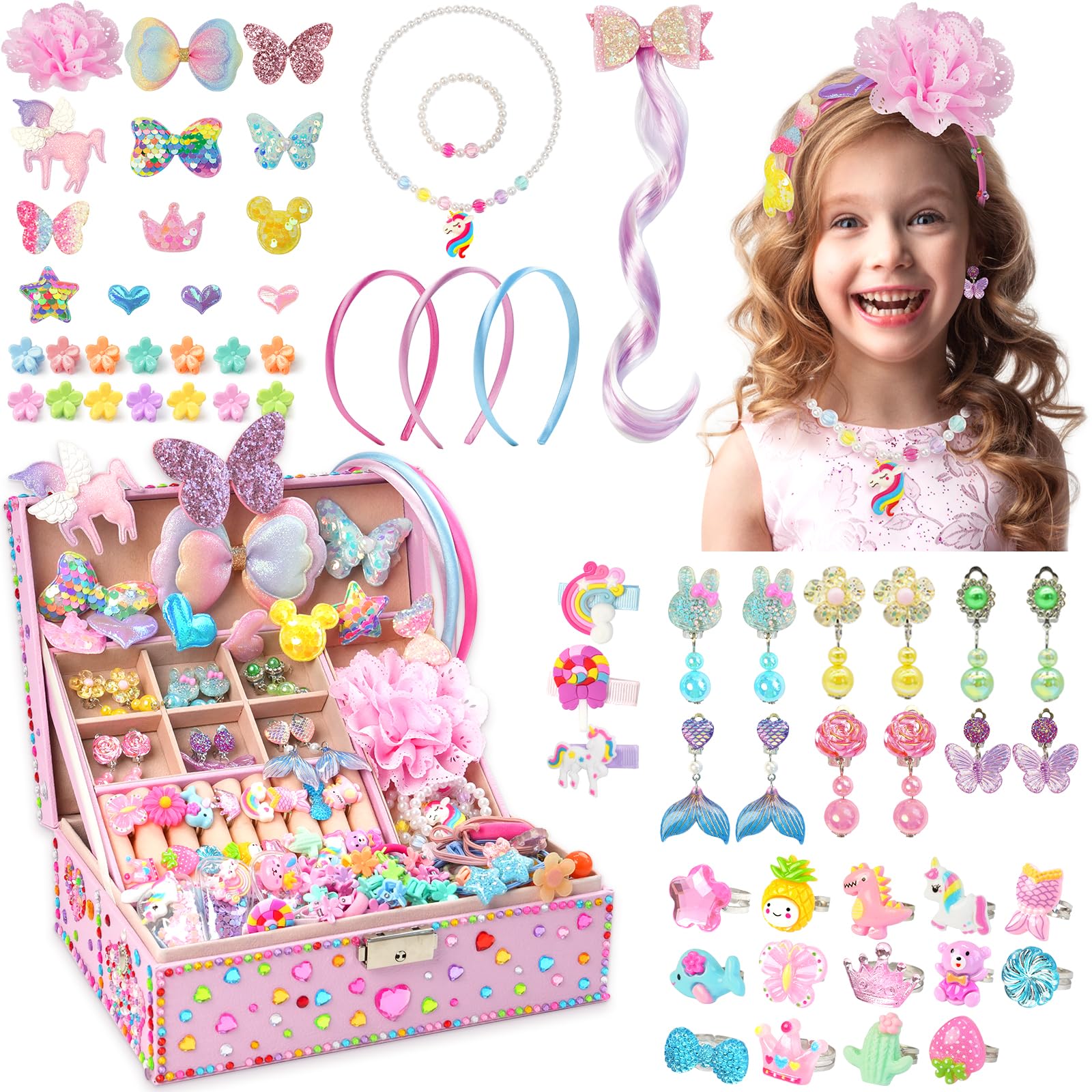 ZMLM DIY Unicorn Jewelry Box with Kids Jewelry Set,Headband Making Kit,Hair Accessories Set, Arts and Crafts for Kids, Gift for Ages 4-10 Year Old Girl, Best Birthday Gifts