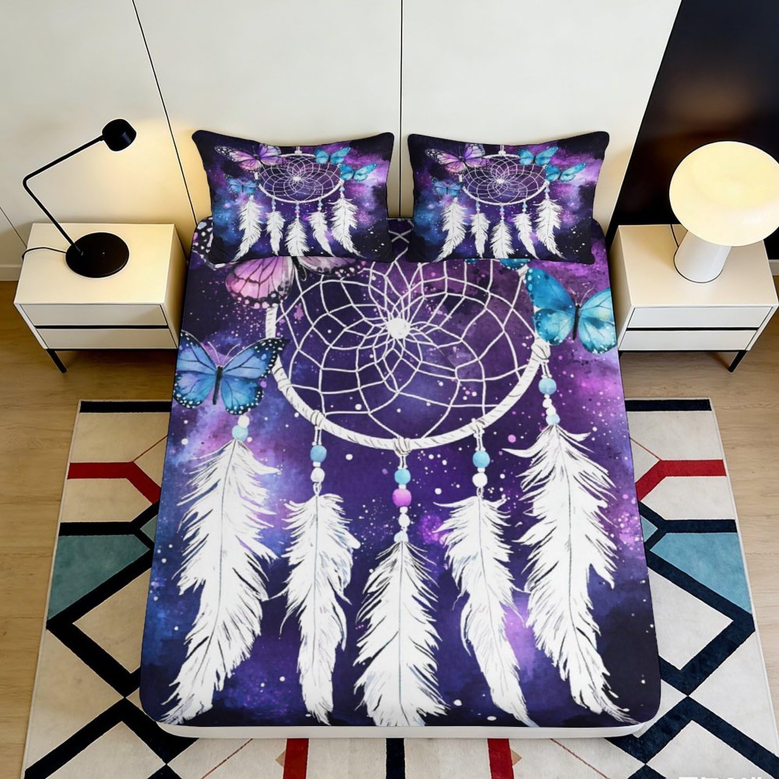 Decor Dreamcatcher Fitted Sheet 3D Printed soft touch Bed Cover Microfiber guest room bedding easy care purple 90x200x25cm