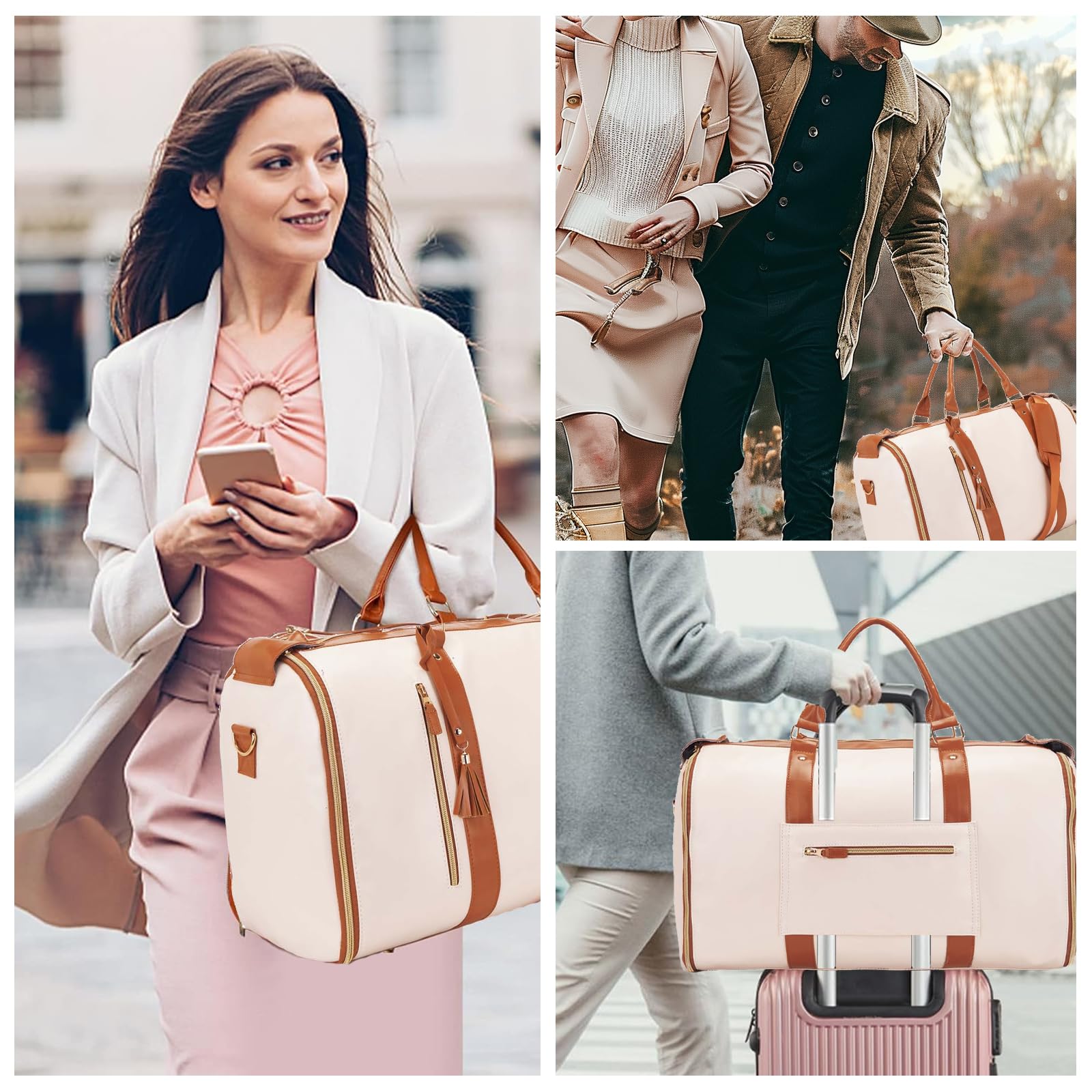 Sac à Vêtements,Sac De Voyage Pour Costume,Grand Sac De Voyage En Cuir PU Pour Femmes Et Hommes,Sacs à Vêtements Imperméables Pour Voyage Avec Poche à Chaussures Intégrée,Valise Suspendue 3 En 1,Blanc