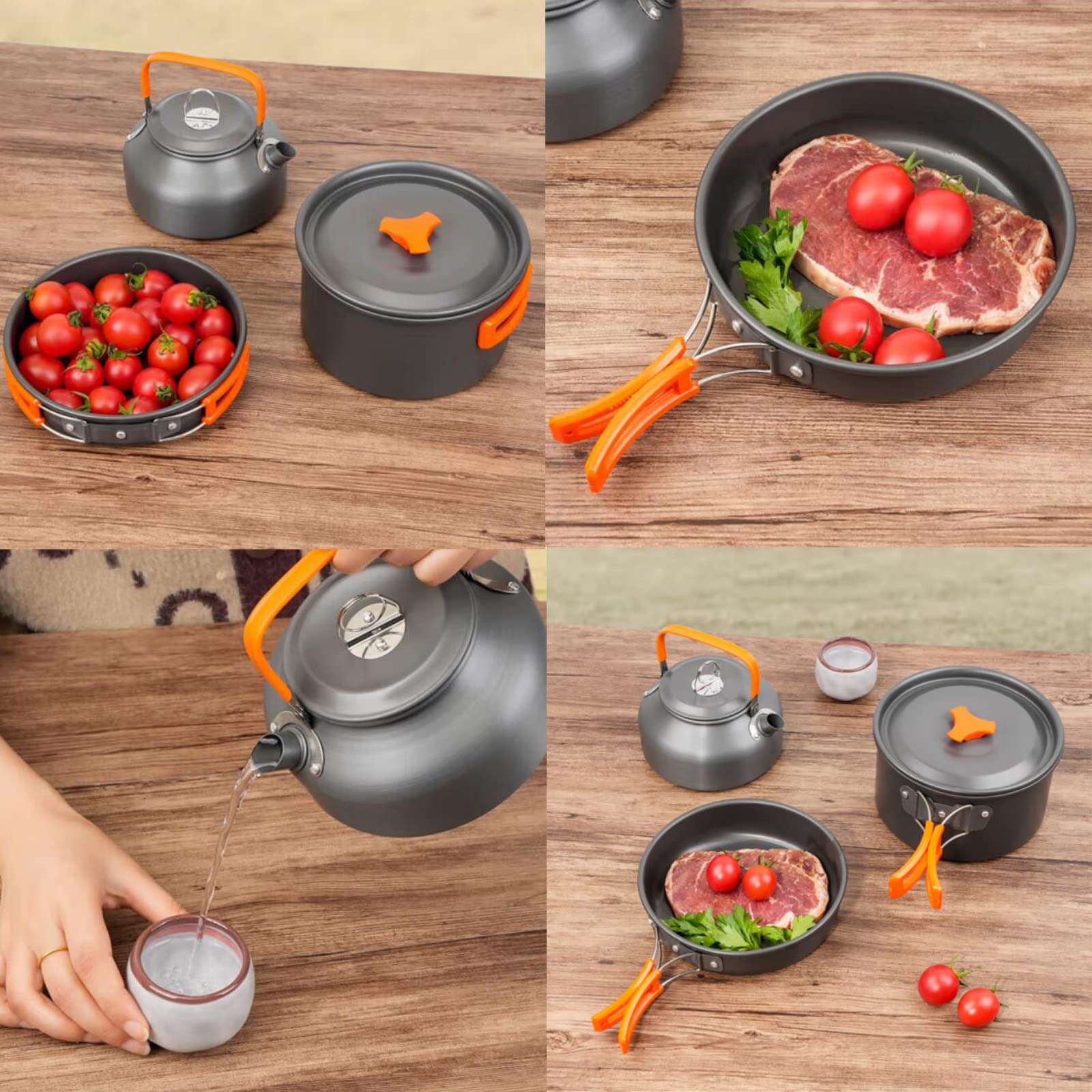 Set de Ollas Camping 2-3 Personas Kit de Utensilios de Cocina de Camping Aluminio Ollas y Sartenes para Acampar 10 PCS Cocina Portátil para Camping Senderismo Acampada al Aire Libre (Naranja)