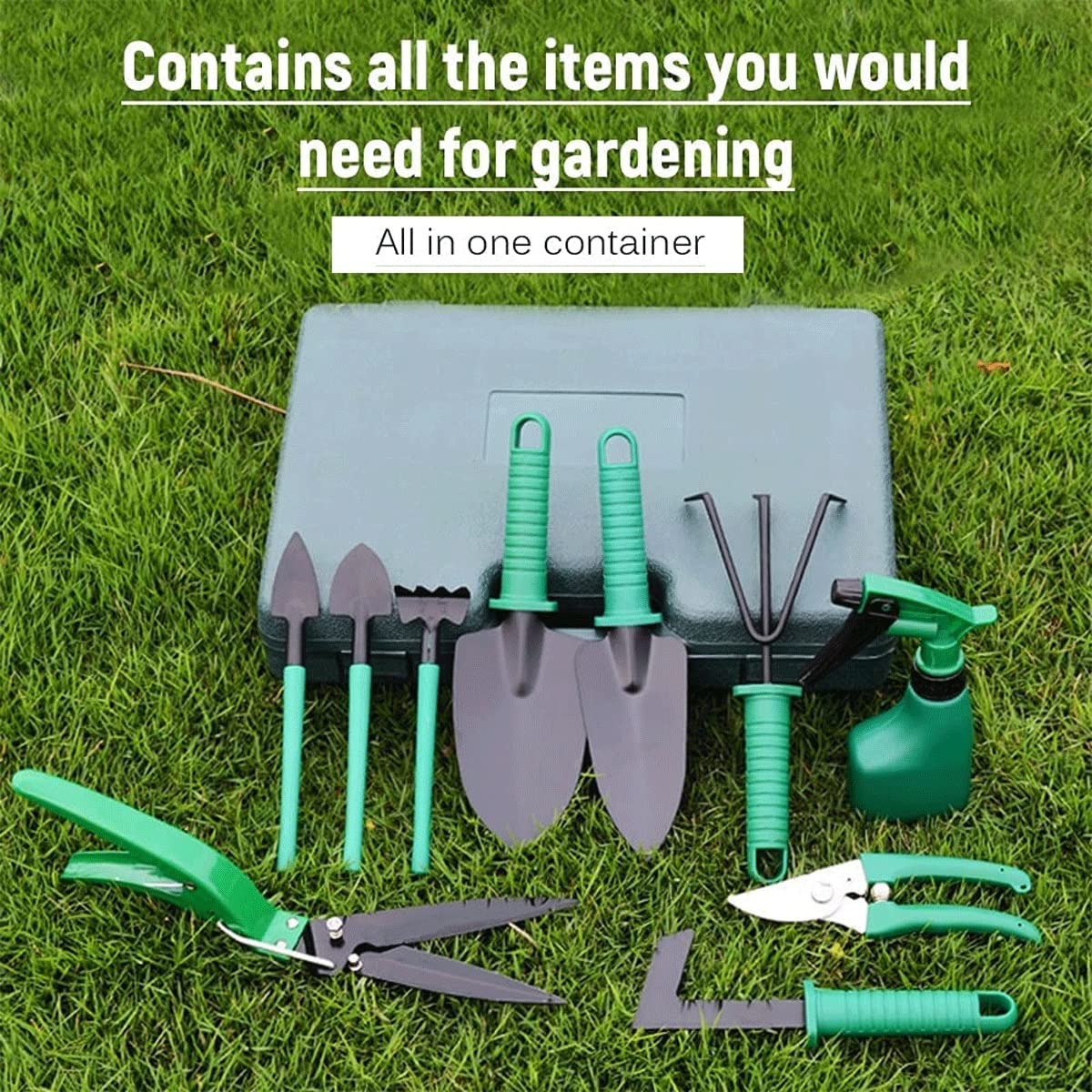 Juego de herramientas de jardín, 10 piezas de herramientas de jardinería con paleta, rastrillo, podadora, podadora, rociador, herramientas manuales de jardín con estuche de transporte, regalos de jar