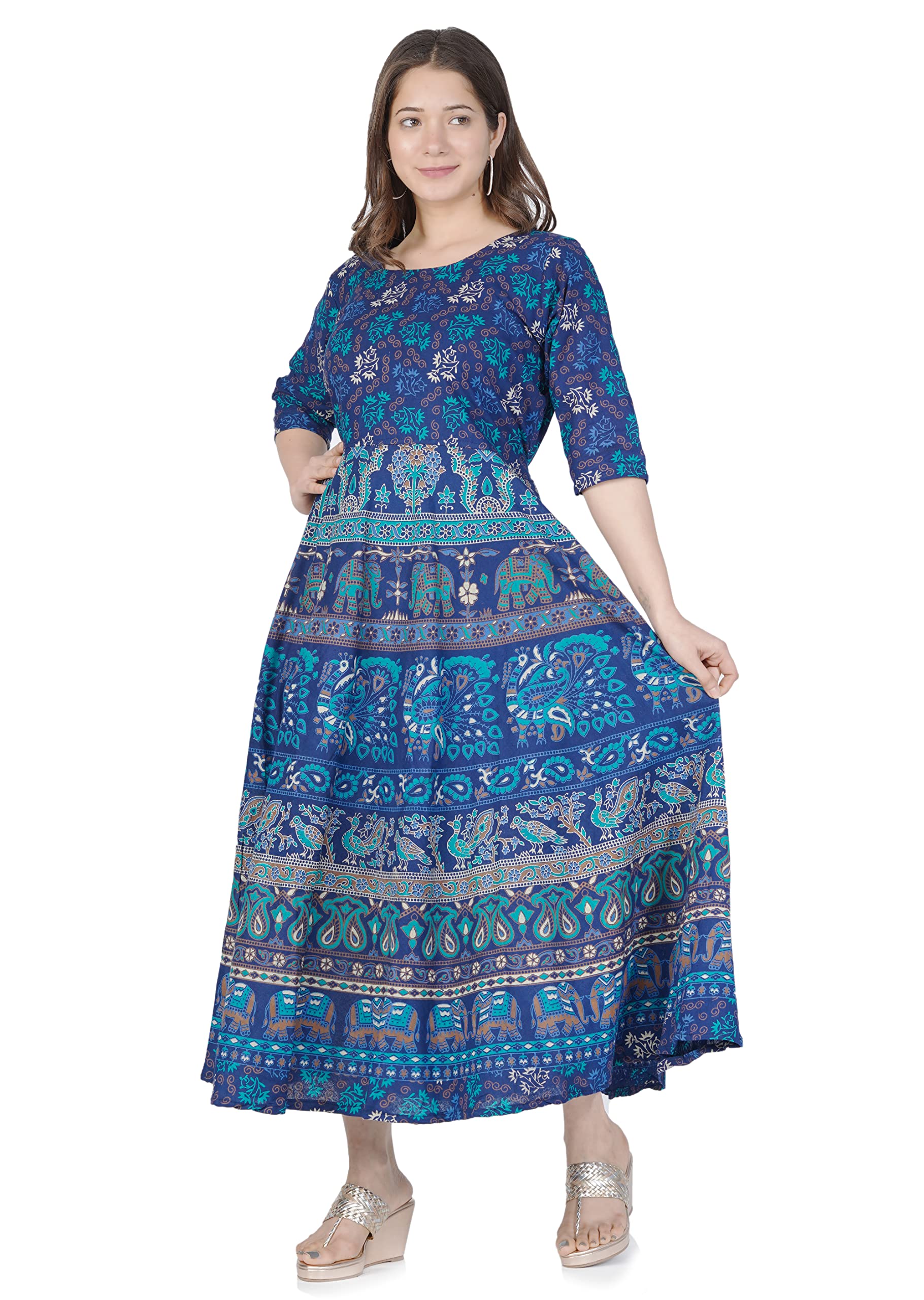 ROSETTEWomen's Rajasthani Print Bodycon Maxi Dress with Sleeves-(Free Size) (Blue)