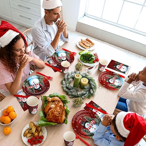 Miniatura 4 de Sinmoe Juego de vajilla de Navidad de 400 piezas, juego de platos y servilletas desechables de Navidad para 50 platos de papel de Navidad de