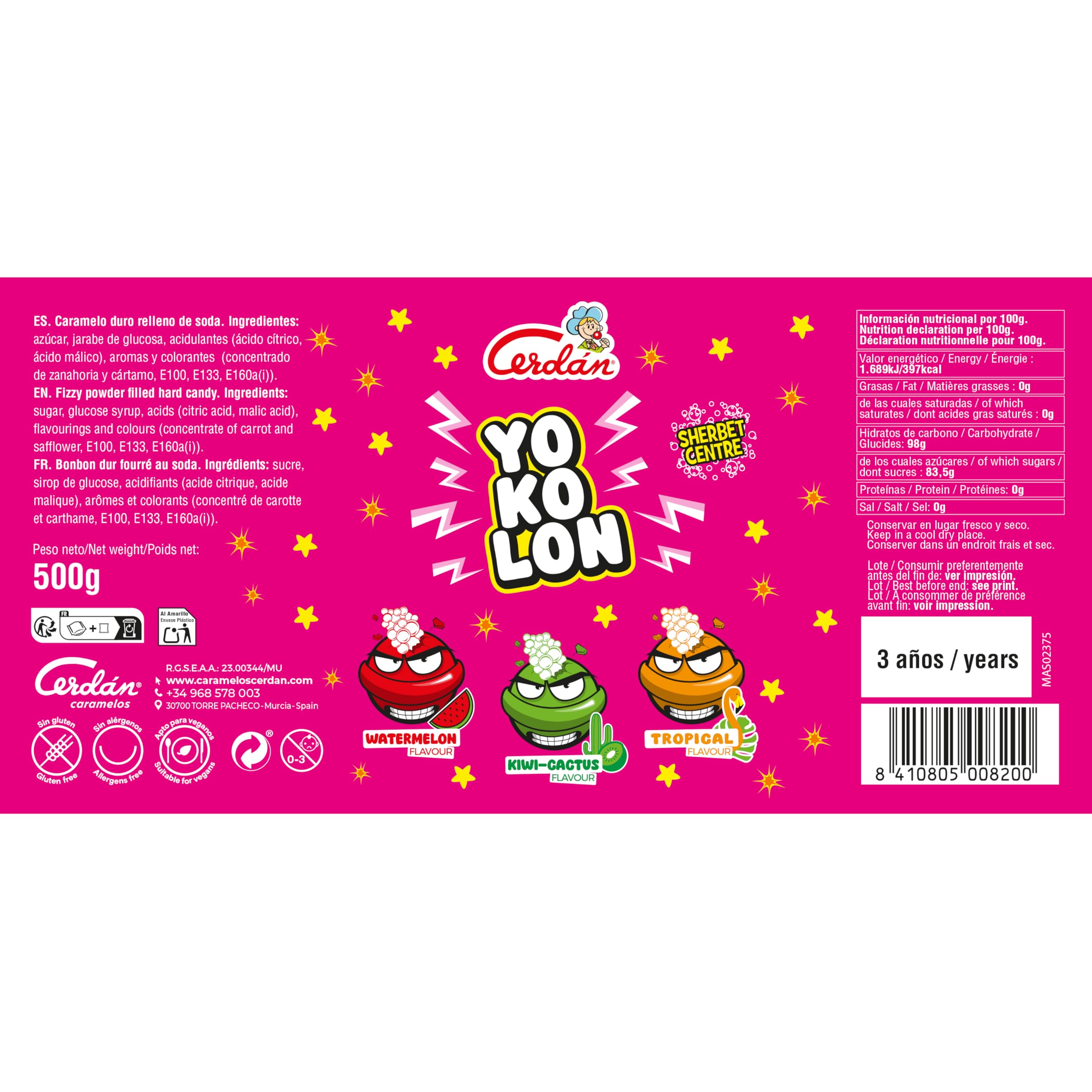 Caramelos Cerdán - Bolón Yokolón sabores sandía, kiwi/cactus y tropical con relleno efervescente de soda | Caramelo duro intenso y divertido | Sin gluten ni alérgenos. Bolsa 75 uds aprox. – 500 g