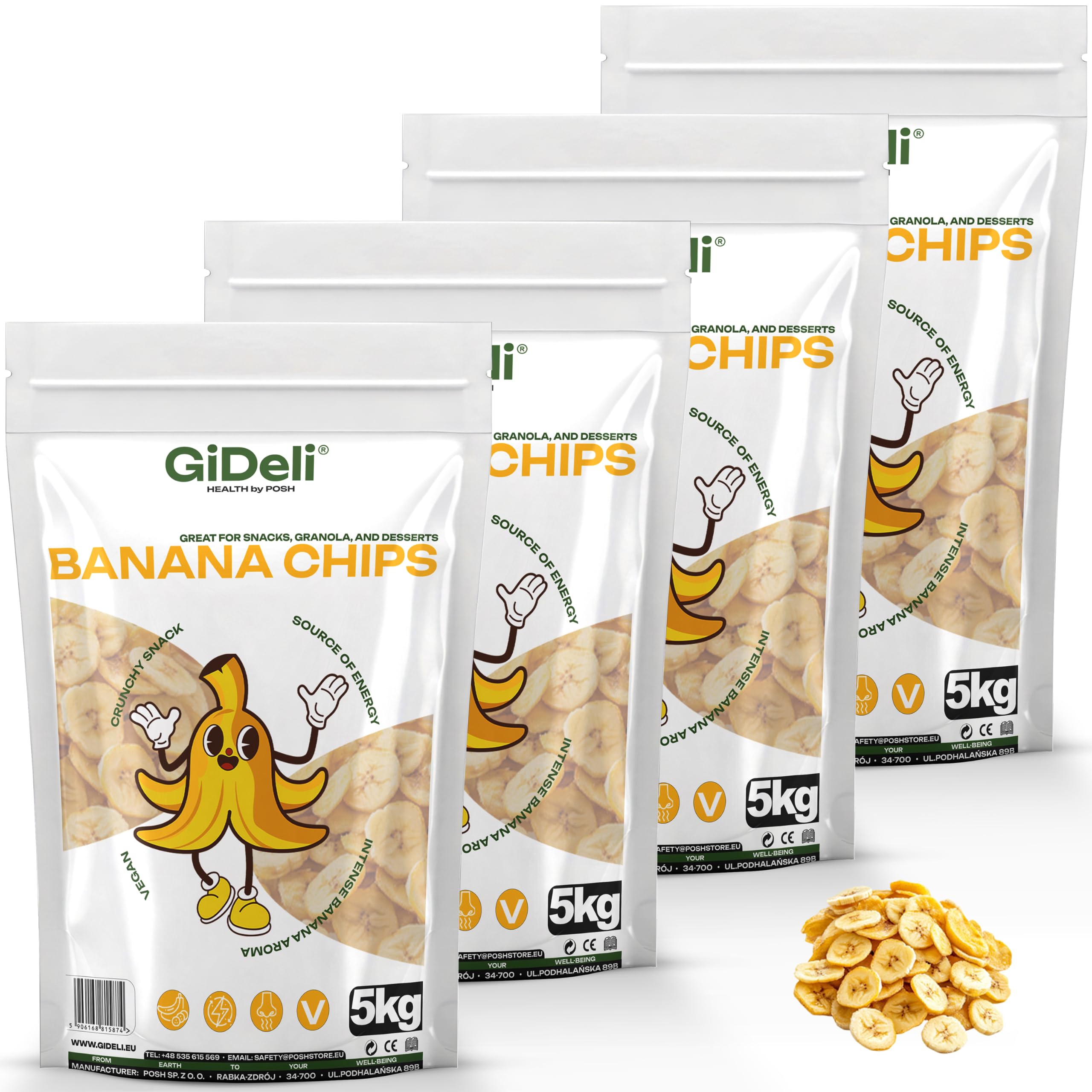 GiDeli Bananenchips Getrocknet 4x5kg - Knusprige Banana Chips aus sonnengereiften Früchten der Philippinen - In Kokosöl veredelt & ohne Palmöl - Dried Banana für Müsli, Joghurt & als Snack