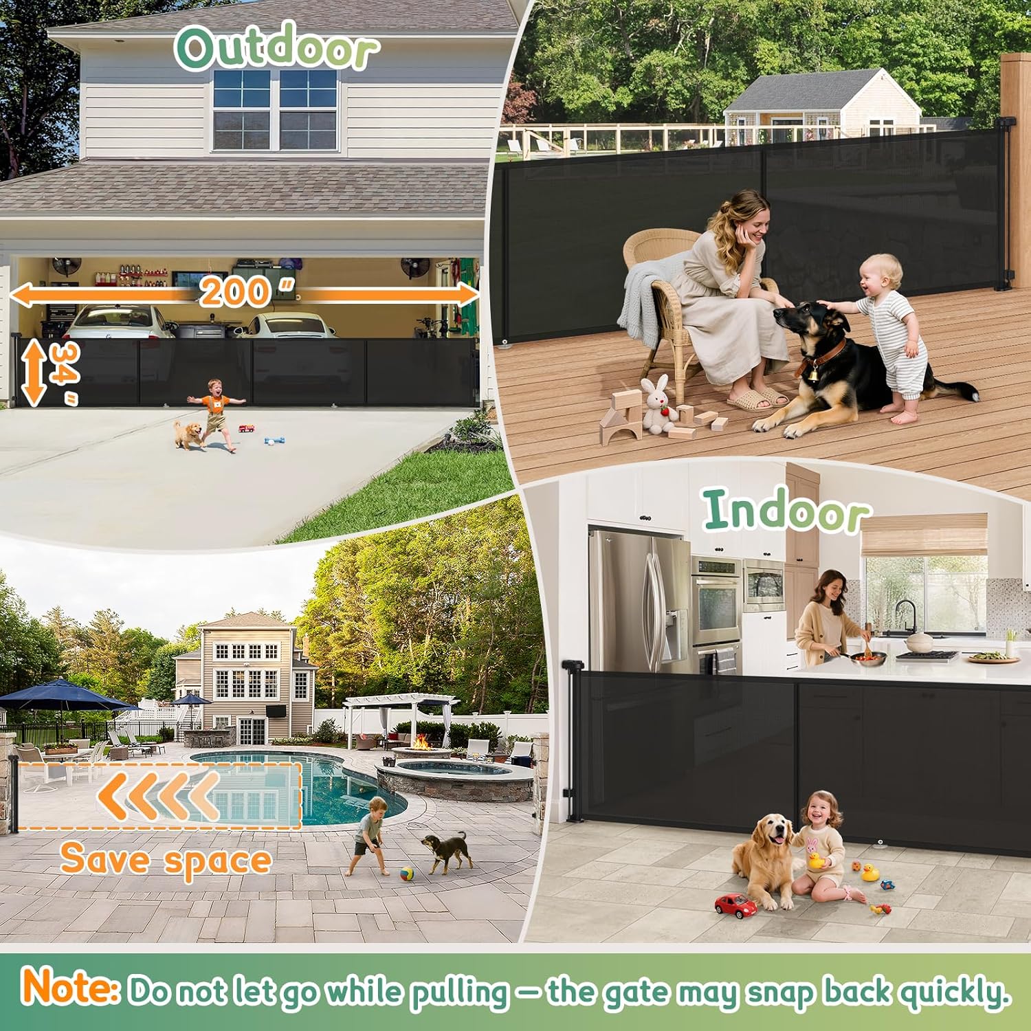 200'' Retractable Baby Gates Extra Wide,34 Tall Retractable Dog Gate for Doorways,Extra Long Retractable Baby Gate for Stairs,Kitchen,Indoor/Outdoor Retractable Gate with Fiberglass Reinforcement Rod