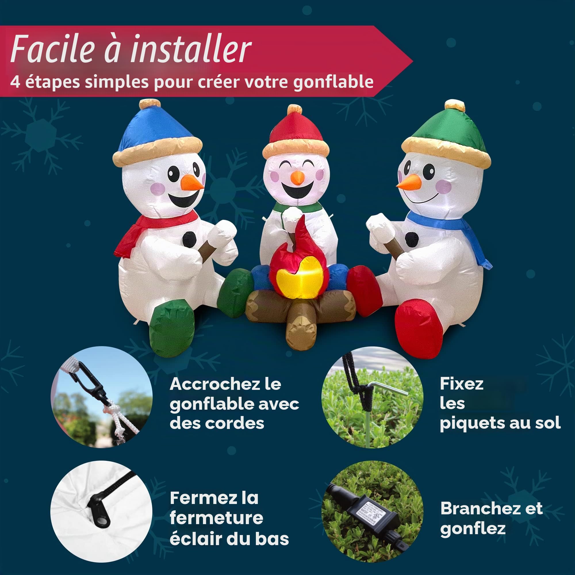 Joiedomi Bonhomme de Neige Gonflable de Noël de 1,8 m de Long avec feu de Camp, Lot de 3 Petits bonhommes de Neige avec LED intégrées Décoration de Noël Gonflable avec lumière pour fête de Noël