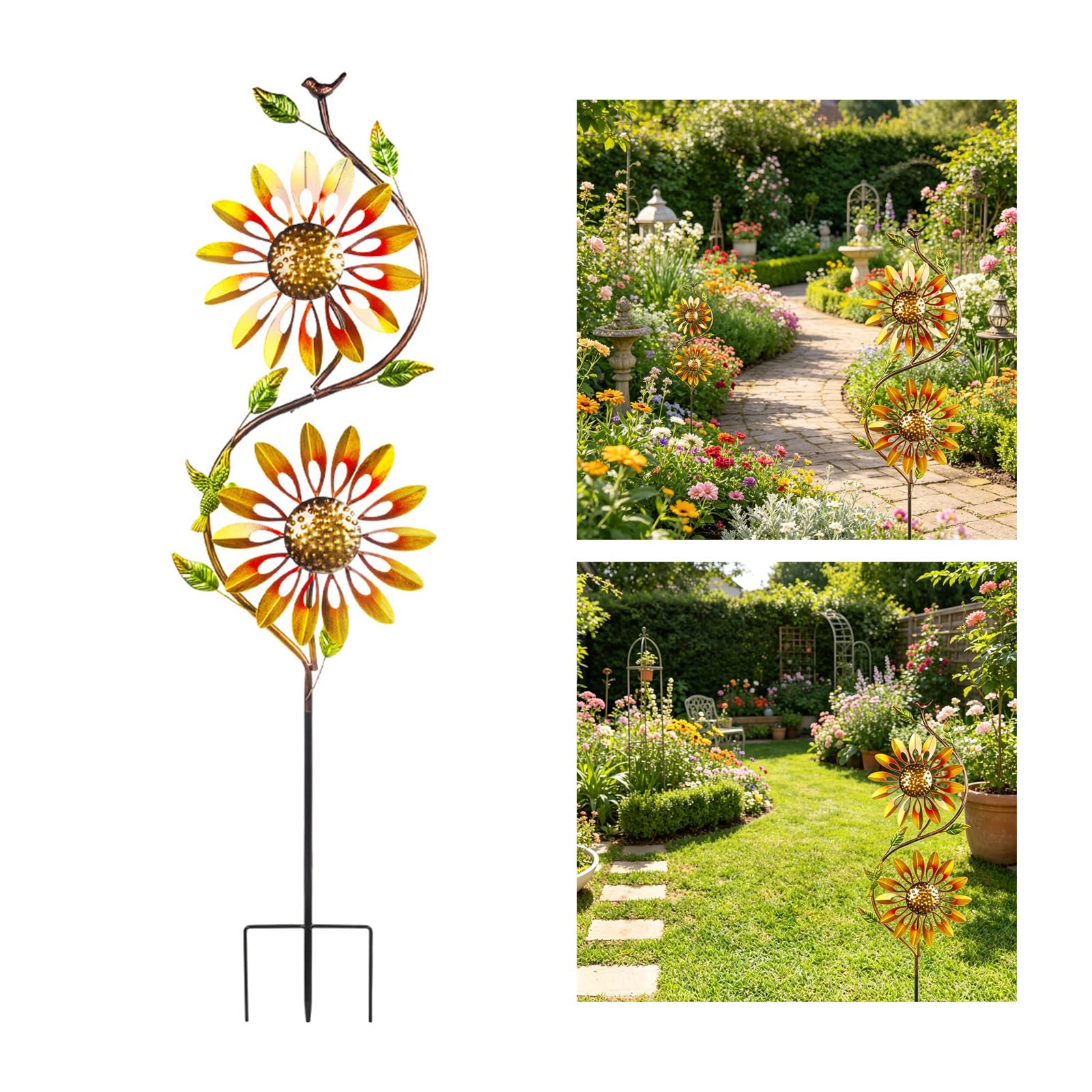 Girasoles - Molinillo giratorio de viento para jardín para césped exterior, patio, resistente a la intemperie, molino de viento giratorio de hierro con girasoles dinámicos, estaca de molino de