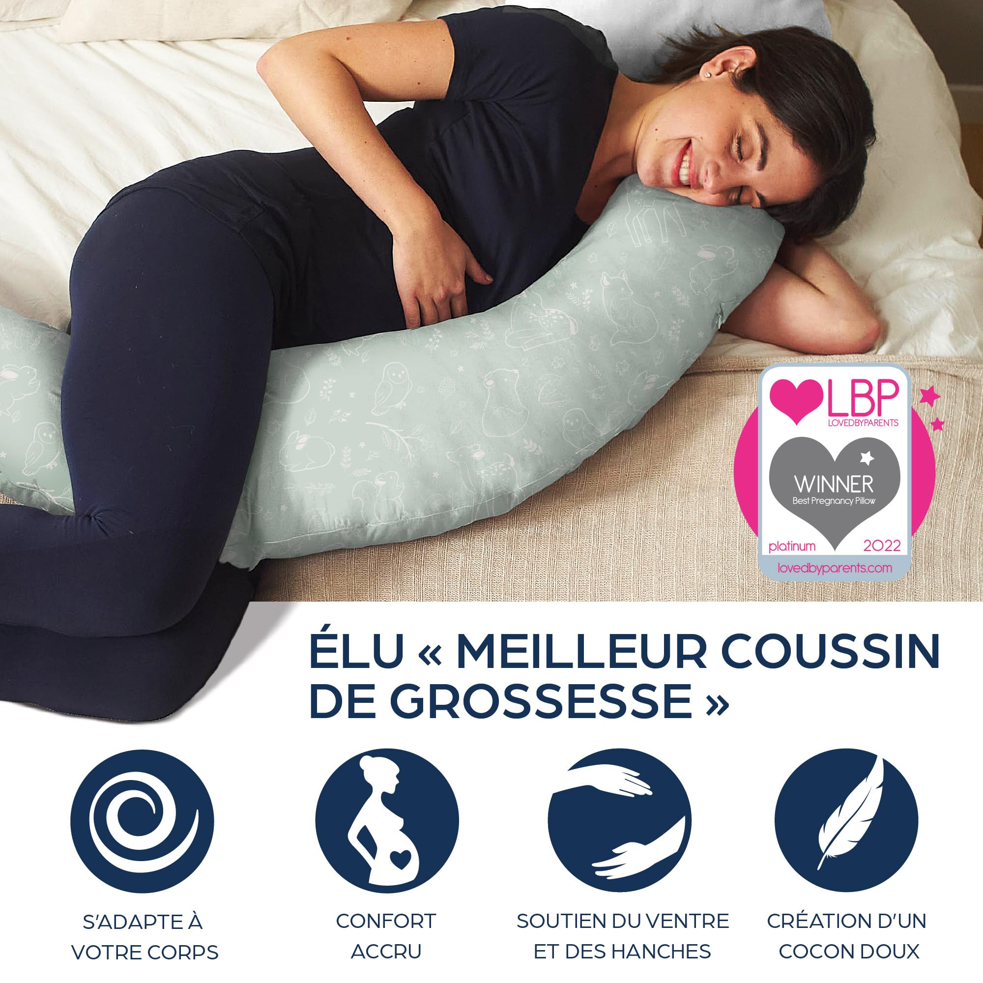 Niimo Coussin de Grossesse et d'allaitement XXL - Housse de Coussin Maternité 100% Coton, Distingué par Deux Prix en 2022, Lavable, Coussin d'allaitement