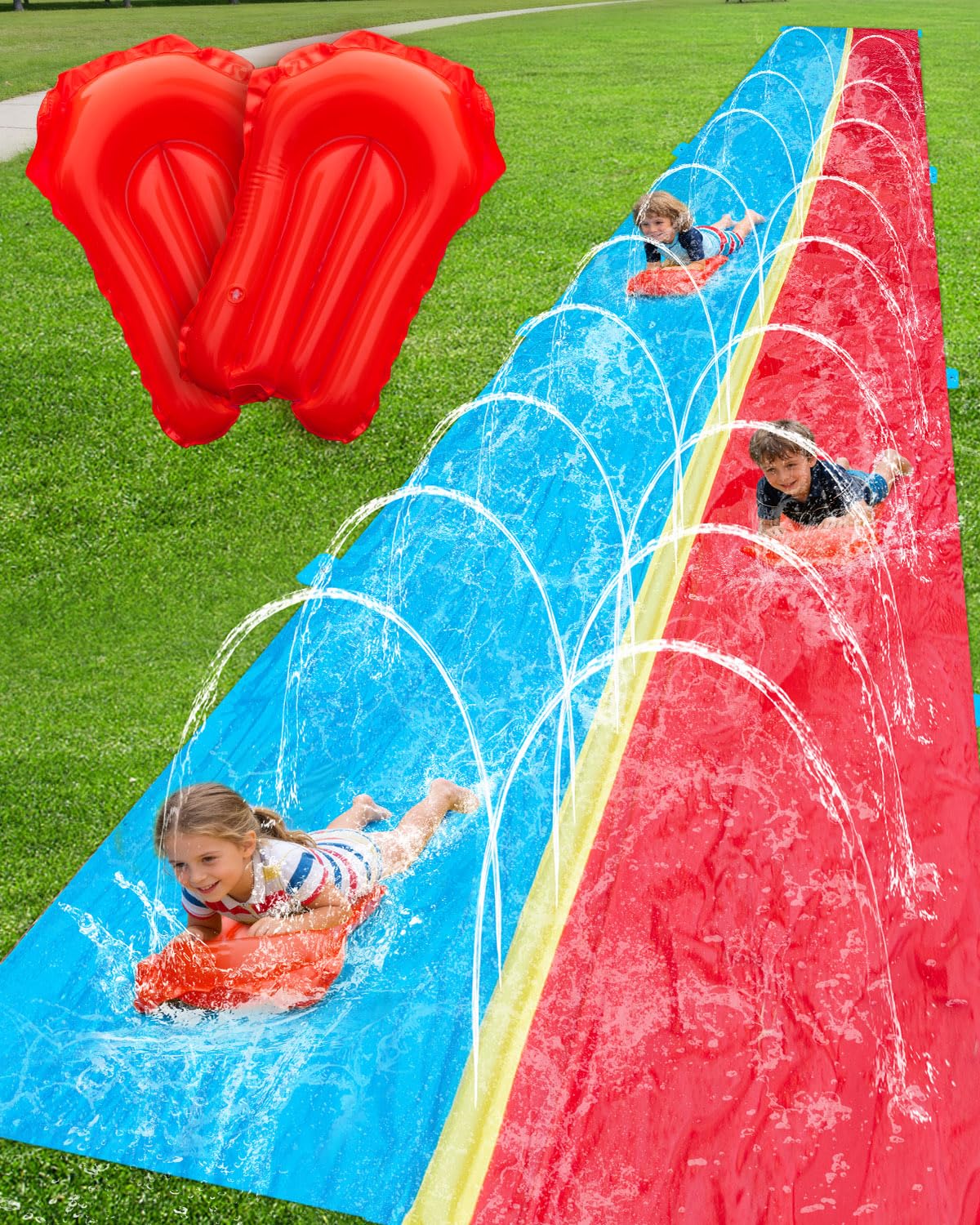 Spring Water 20ft Slip and Water Slide for Kids Backyard, Extra Long 2 Lanes Slip n Water Slide with Sprinkler, Gaint Water Slides with 2 Inflatable Bodyboards Outdoor Fun Summer Water Toys