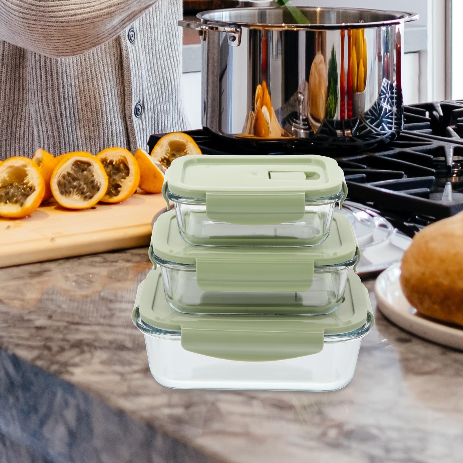 3 Stück Glas Lunchbox mit Pp Deckel Grün, Bento Box | Schulstart Deko, Hidden Vent Loch Design, Easy To Open Cover, für Büro und Reise