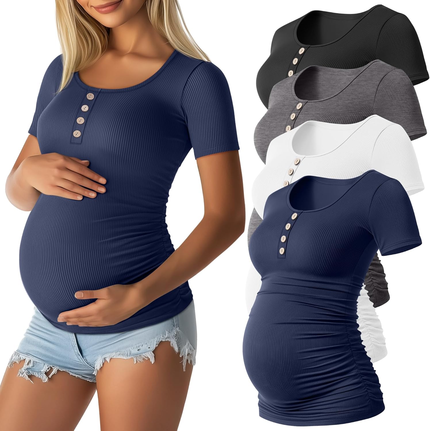 4 Pack Womens Maternity Shirts Scoop Neck Cotton Short Sleeve Ribbed Pregnancy Top Henley Side Ruched Mama Clothes