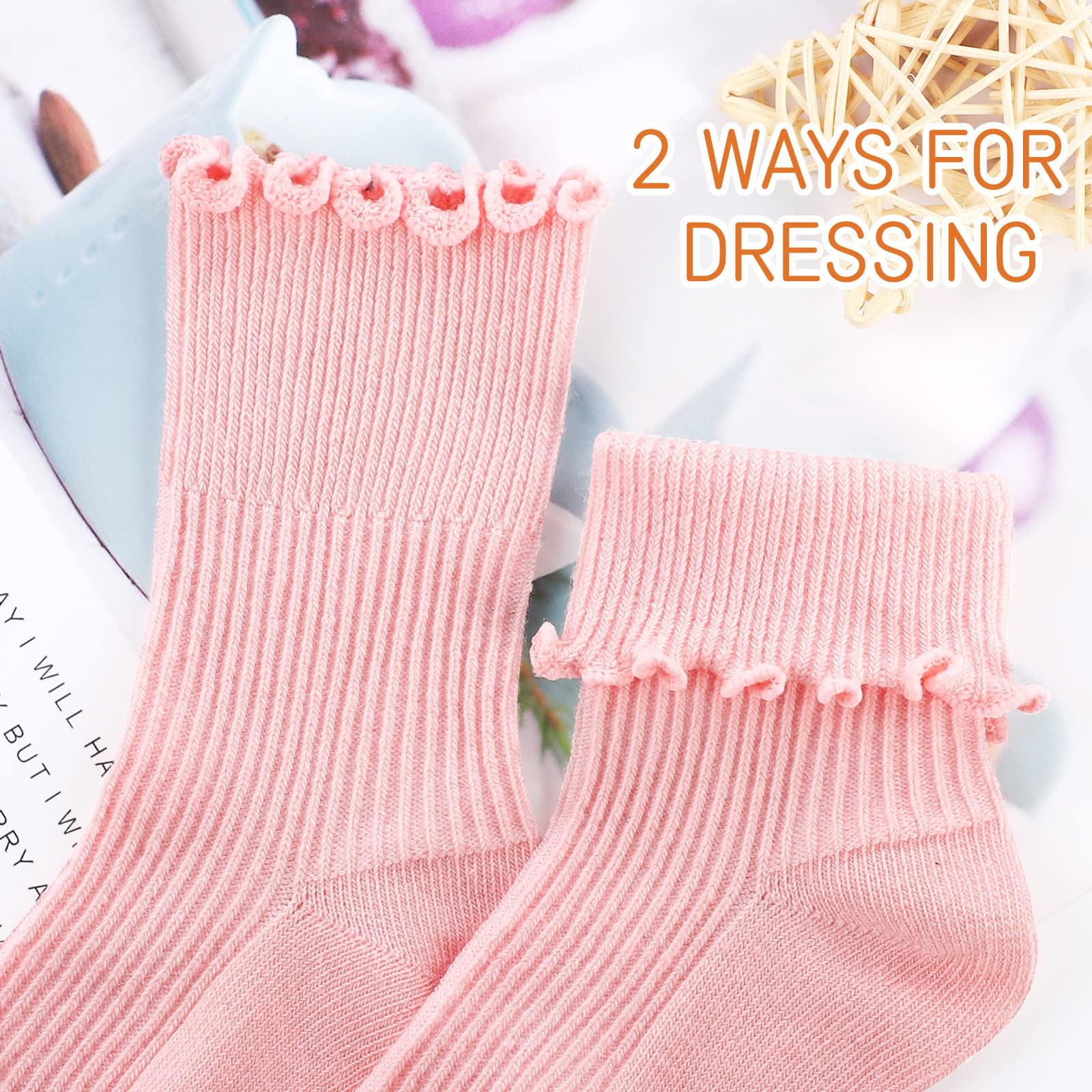 Witwot 6 Paar Baby-Socken für Mädchen, Rüschen, Crew-Socken für Kleinkinder, Mädchen, weiche Baumwolle, Größe 6 - 7 Jahre