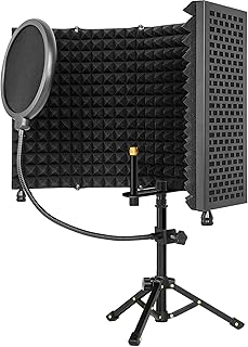 AKOZLIN Microphone Isolation Shield with Tripod Stand & Pop Filter Foldable 5-Panel High Density Absorbent Foam to Filter Vocal for Studio, Podcasts and Broadcasting
