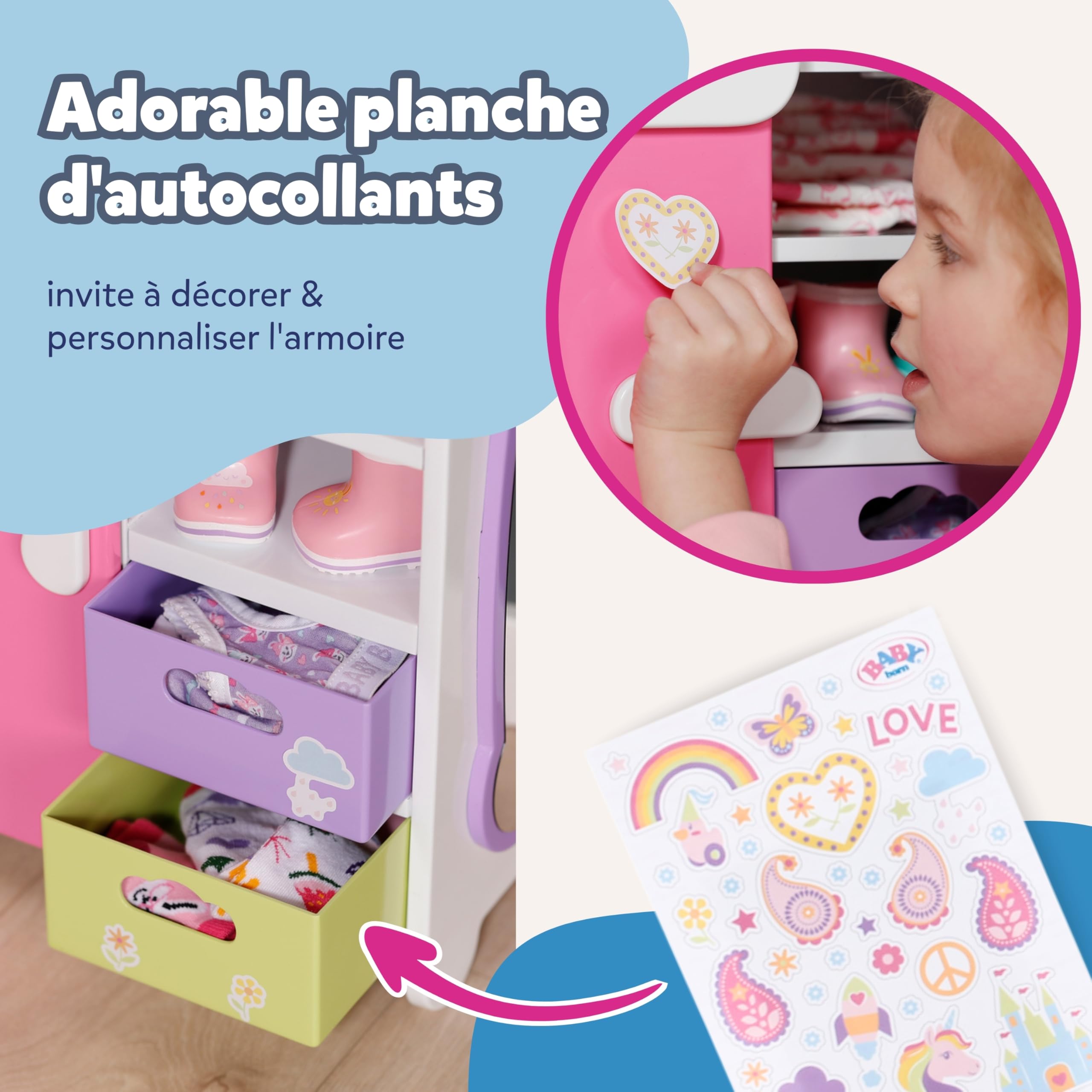 BABY born Armoire Arc-en-Ciel - Rangement pour Les vêtements de la poupée - avec Arc-en-Ciel & Sons - Accessoires de la poupée y Compris Les tiroirs à Chaussures, Les cintres & Les Autocollants