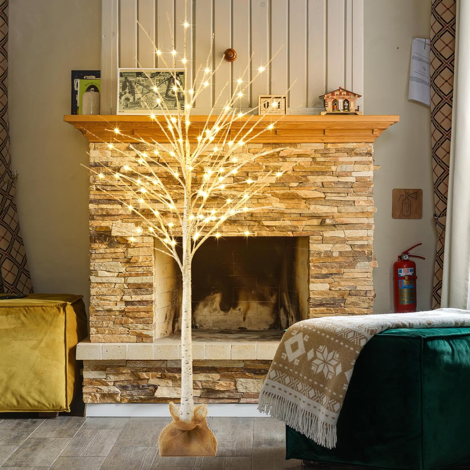 Lighted Brich Tree, 6FT 128 LED Christmas Tree with Burlap Decor, Warm White, IP44 Waterproof, Power Supply by Adaptor, Fireplace Party Wedding Halloween Christmas New Year's Decoration