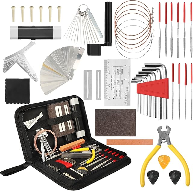 EEEkit 54Pcs Guitar Repair Tool Kit, Guitar Repairing Maintenance Tool Set with Carrying Case, Guitar Cleaning Care Accessories for Acoustic Electric Guitar Ukulele Bass Mandolin Banjo