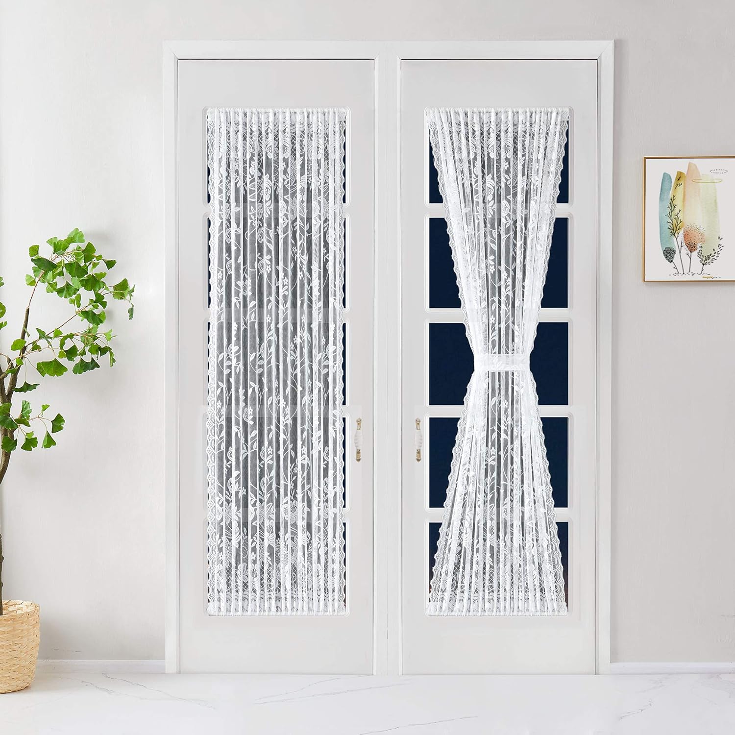 Warm Home Designs Pair of 2 Gold Linen Color Lace French Door Curtain Panels are 52 Inch Wide by 72 Inches Long. Scalloped Doorway Sidelight Curtains Come with 2 Matching Tie-Backs. R Linen 52” x 72”