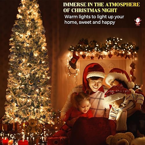 Miniatura 4 de Árbol de Navidad de lápiz preiluminado de 7.5 pies con luces, árbol de Navidad artificial flaco flocado de nieve, árbol de Navidad delgado con 305