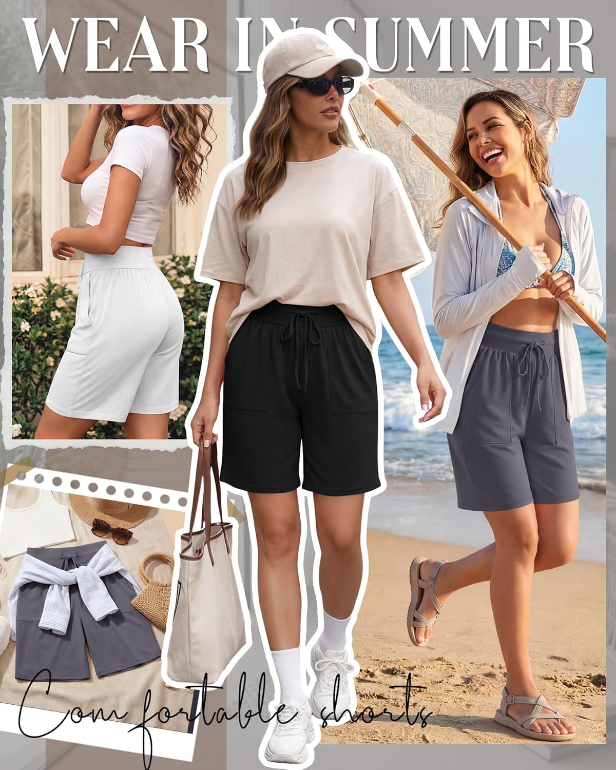 3 Pack Women's Bermuda Shorts High Waist Drawstring Knee Long Shorts Casual Lounge Athletic Bottoms with Pockets