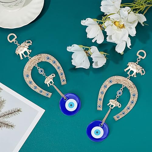 Miniatura 5 de WEBEEDY 2 adornos colgantes para automóvil de herradura de ojo turco con elefante, amuleto azul de ojo malvado, accesorios para espejo retrovisor,