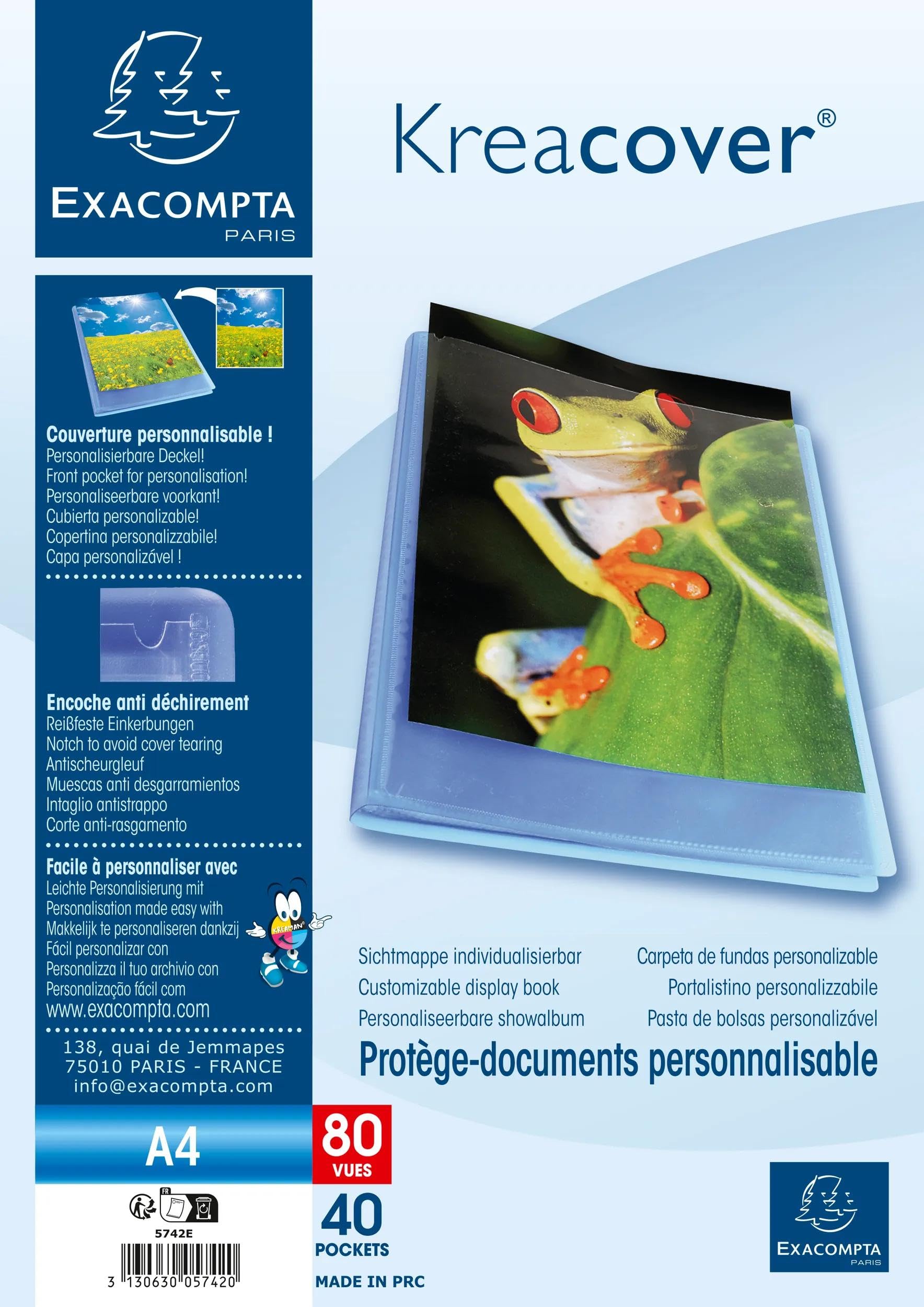 Exacompta 5742E 10er Pack Sichtmappe KreaCover Chromaline aus Kunststoff DIN A4 mit 40 Klarsichthüllen, 80 Sichten, Tasche am Vorderdeckel zum selbstgestalten, Aktenhülle, Prospekthülle, blau