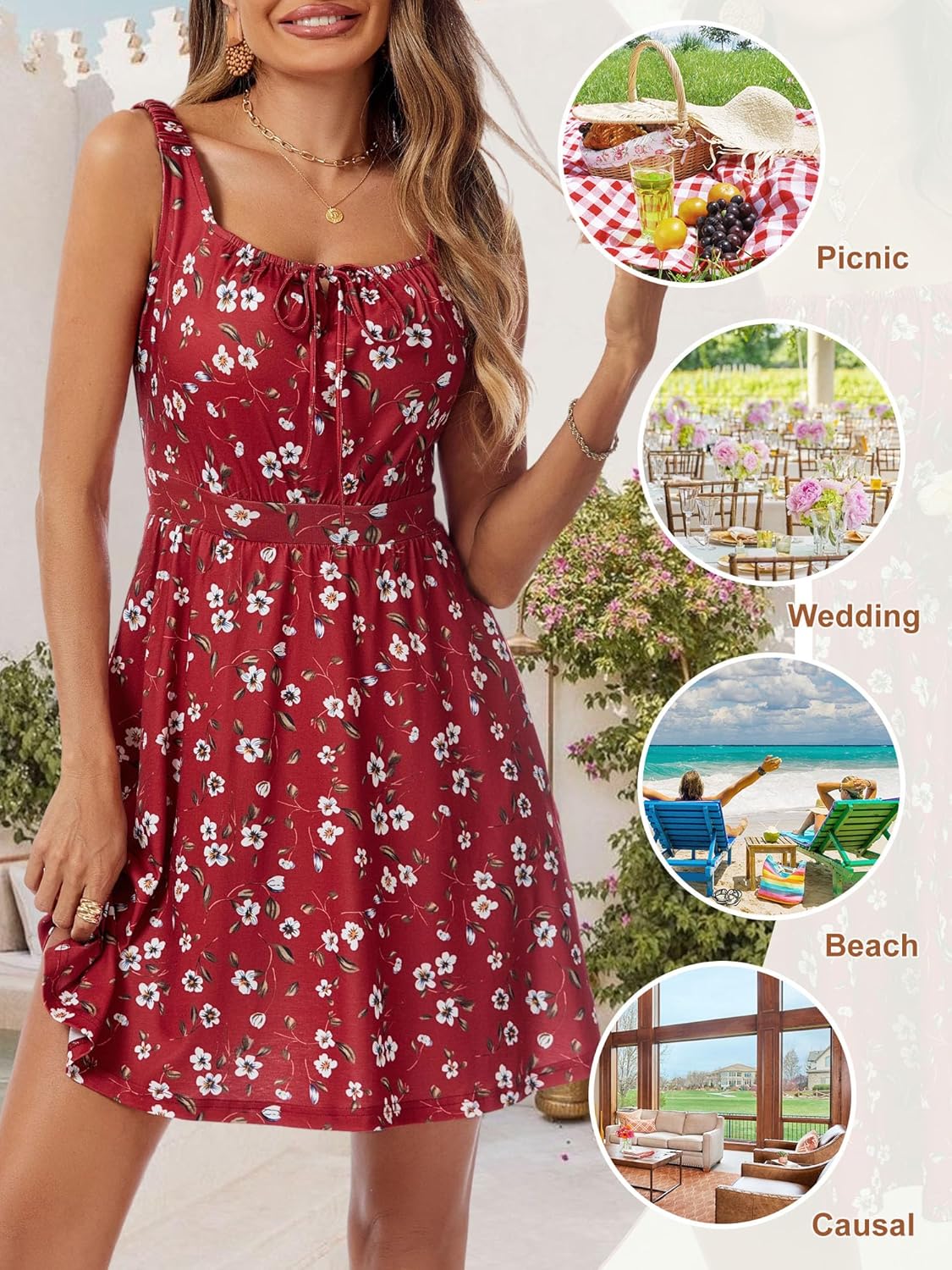 Loemes Women's Summer Cute Square Neck Mini Dress with Pocket Juniors Floral Sleeveless Tie Front Flowy Short Sundress - Image 6