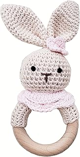 Natural Crochet Teether Toy Rattle for Baby Forest Friends Handmade Amigurumi Crochet Bunny Deer Fox on Natural Wooden Teething Ring Rattle Natural Baby Toys (Girl Bunny)