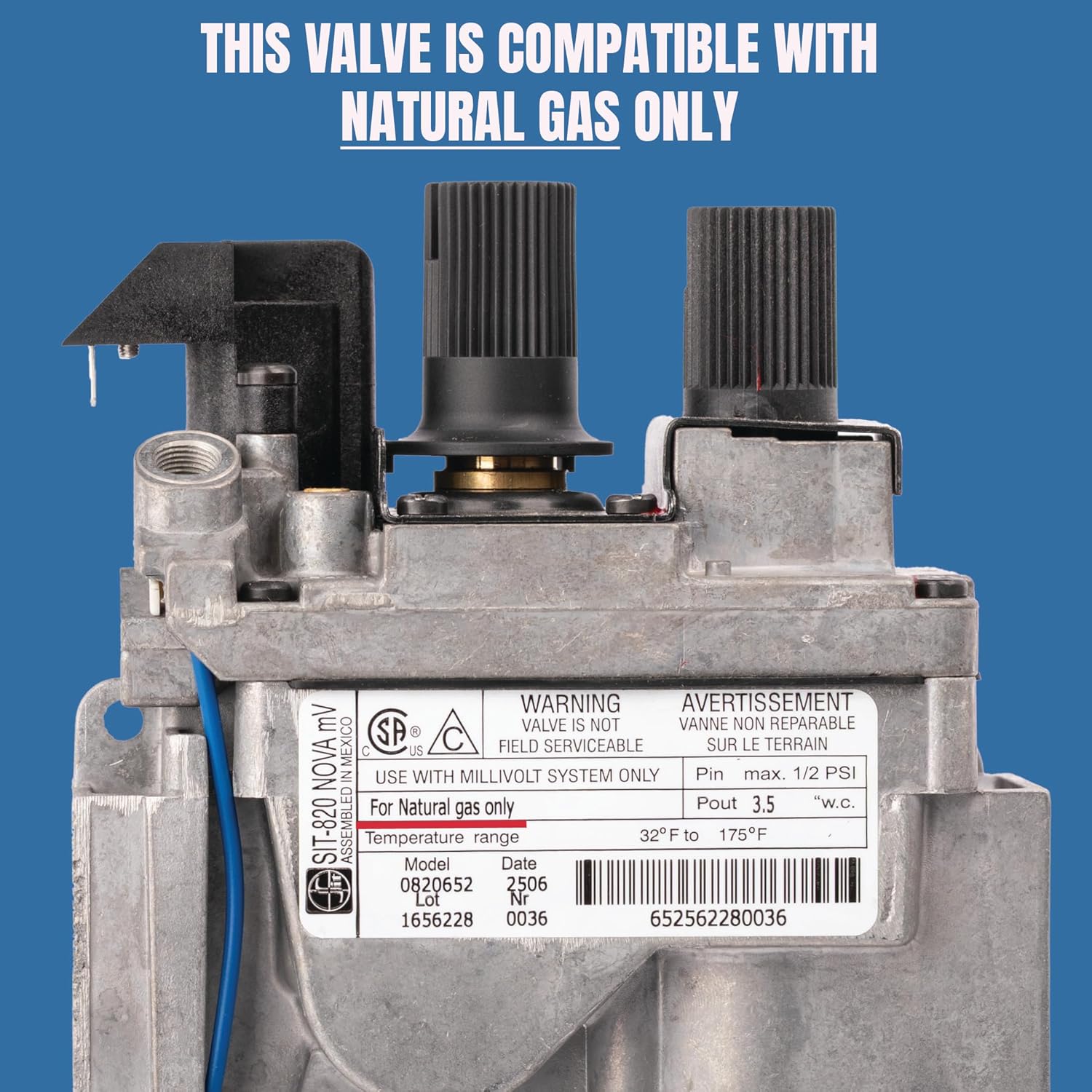 0820652 SIT 820 Nova mV Natural Gas Replacement Millivolt Gas Valve for Fireplaces, Stoves, and Gas Logs - Replacement OEM components for Direct Vent Appliances